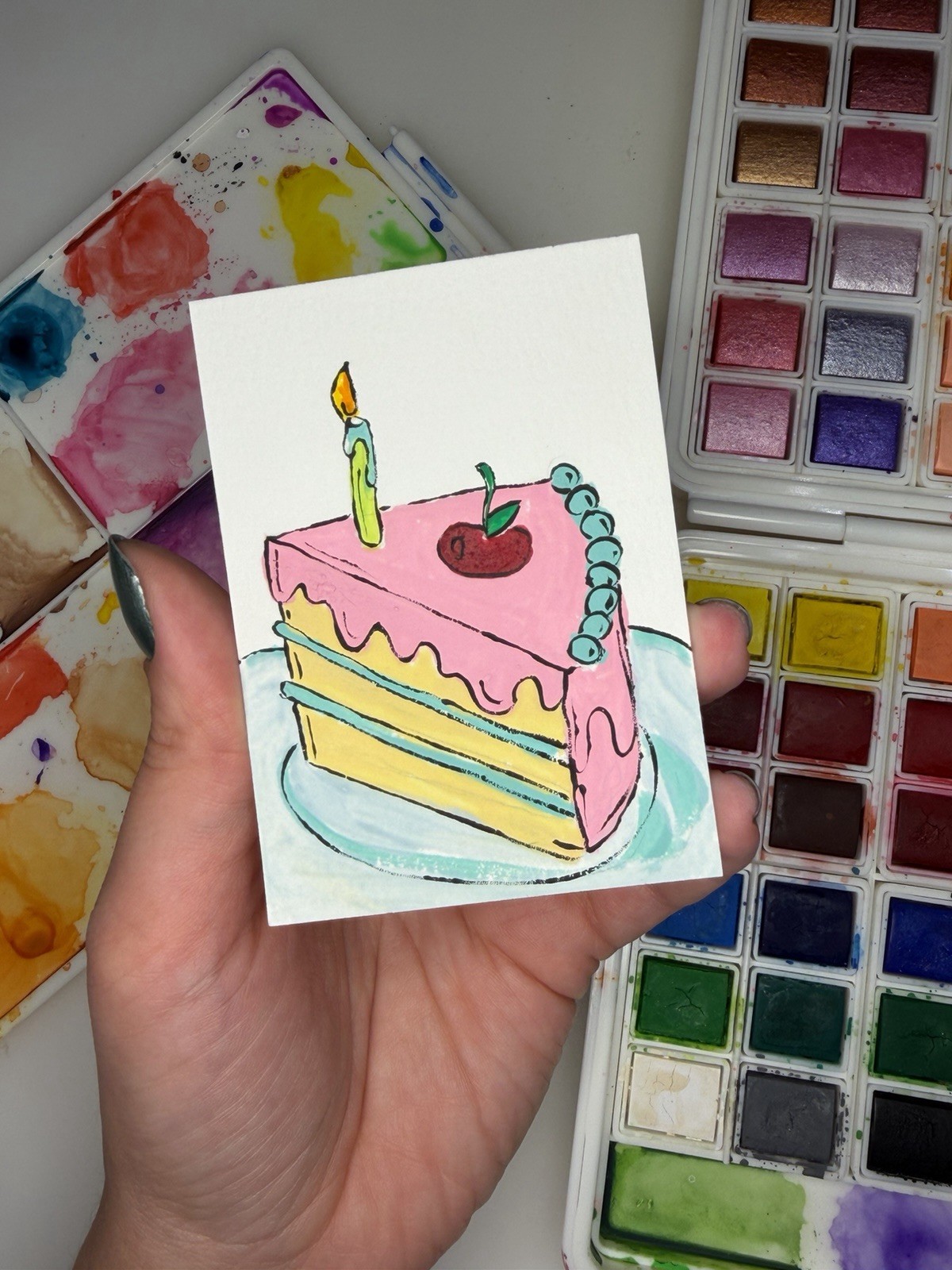 ACEO Original Gouache Painting 2.5×3.5in – Slice Of Cake – Mini Art