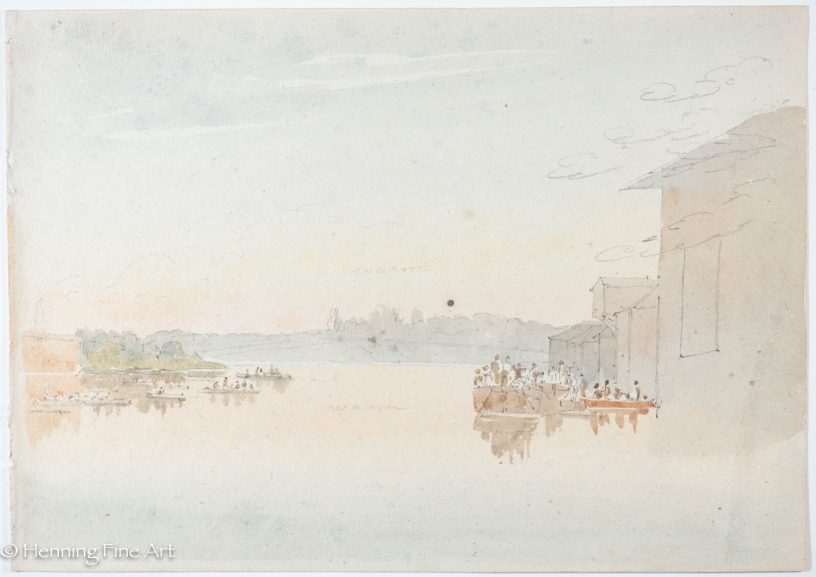 Antique English Watercolor Coastal Riverscape & City w/ Full Boats, Sketch Verso
