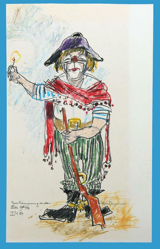 Klaus Brunner (1928-2018) ‘Clown des Zirkus Stey’ signierte+1974 dat. Gouache