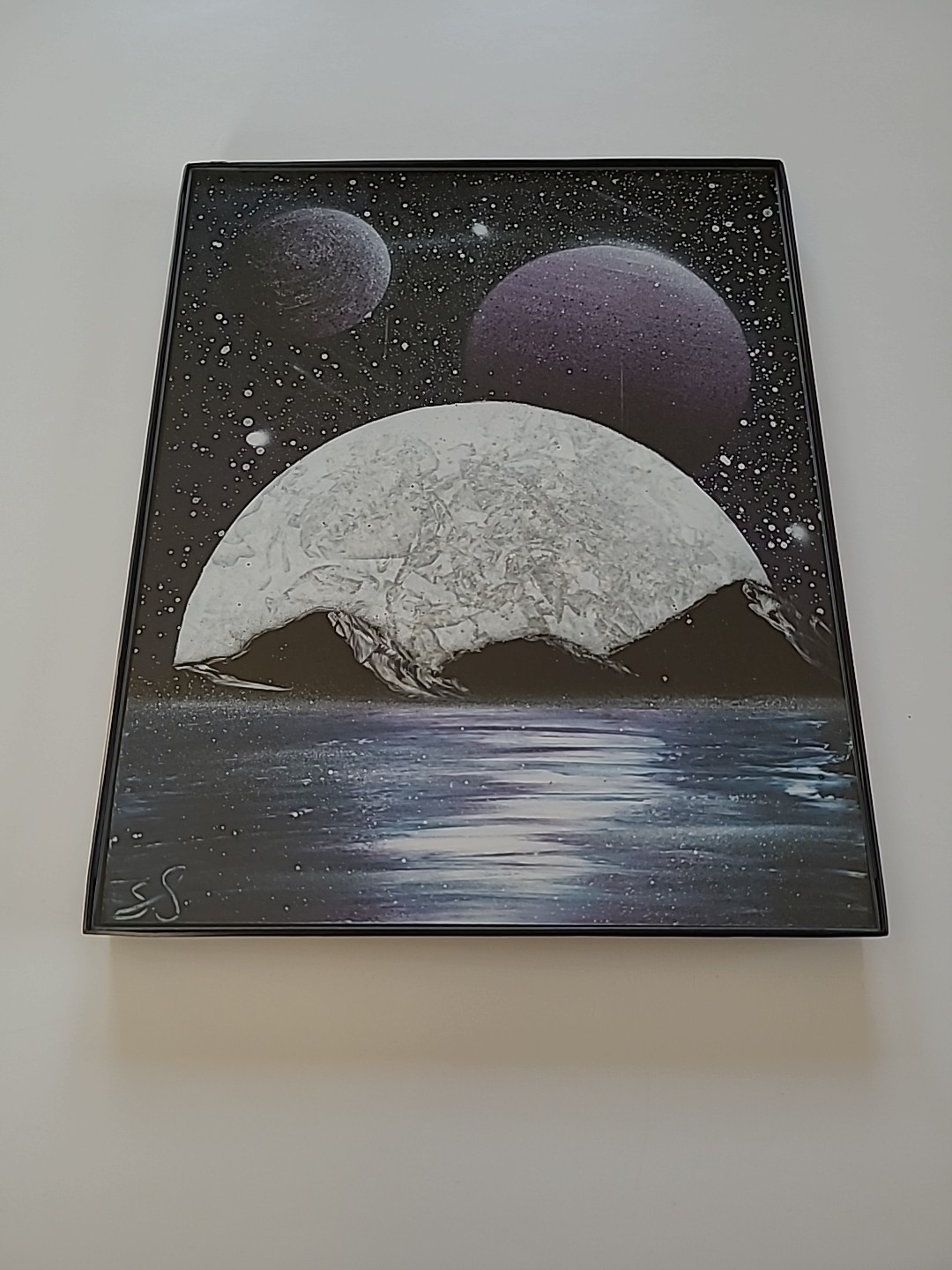 Outer Space Moon Planets Original Spray Paint Art 8×10 Framed
