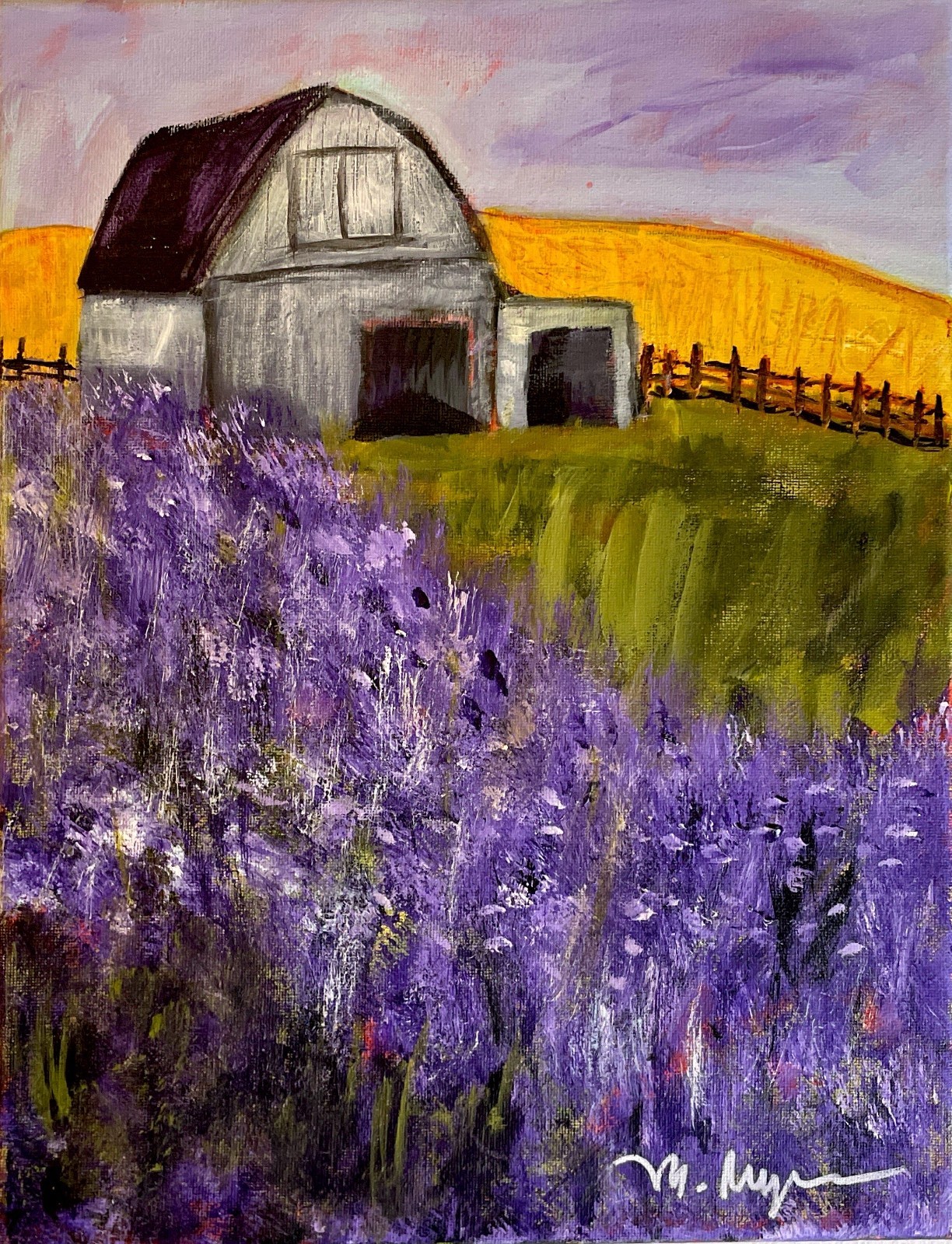 Mary Myers Original Lavender Barn Landscape Painting Purple Farm Art 16×12