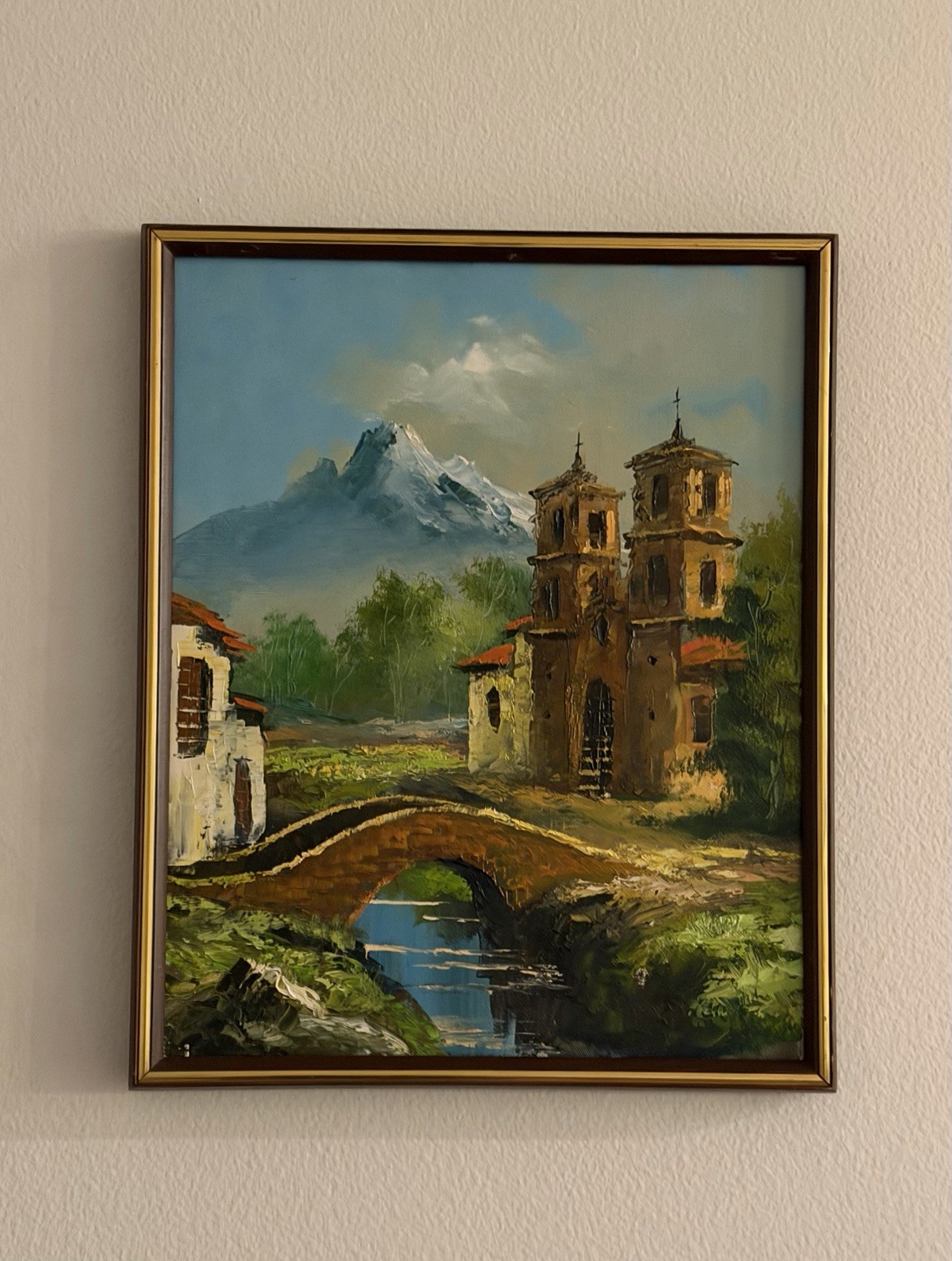 Vintage Original Painting Landscape Village Church Mountain 16”x20” Framed