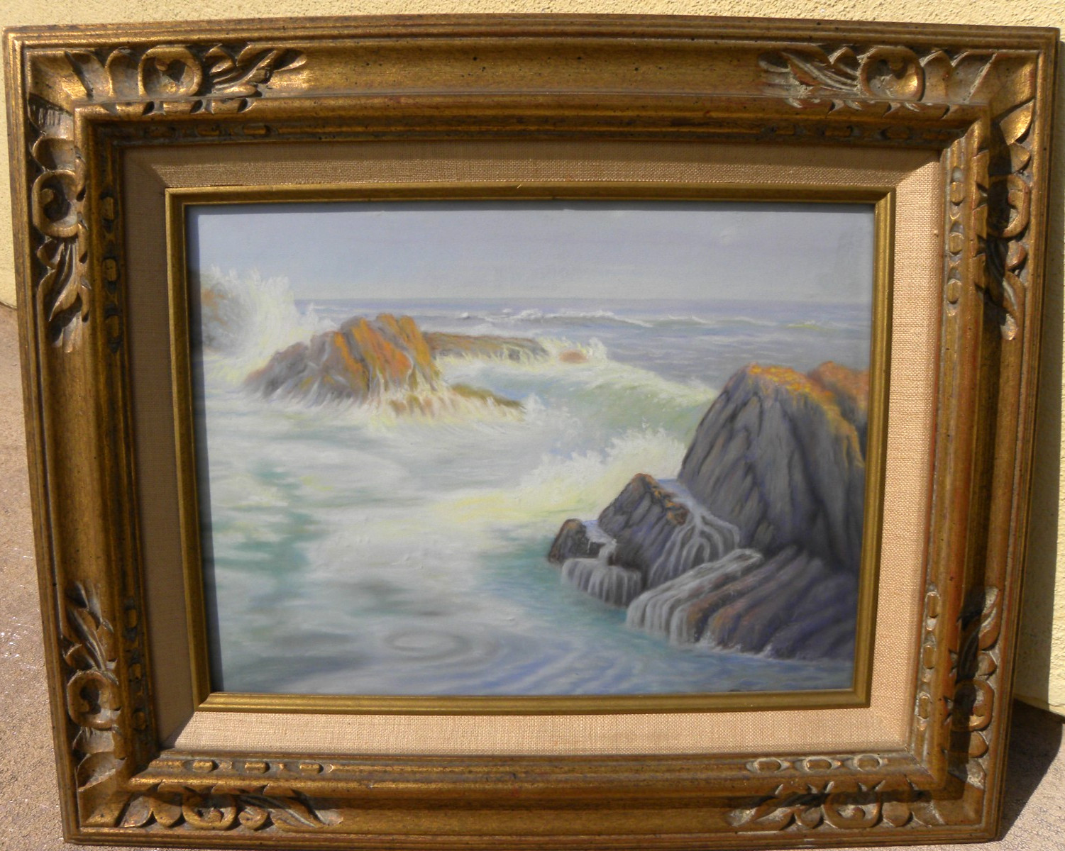 Vintage California art pastel painting coast surf and rocks