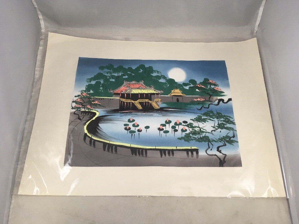 Asian Garden Lily Pads Pagoda Temple Scene Asian Style Painting Signed