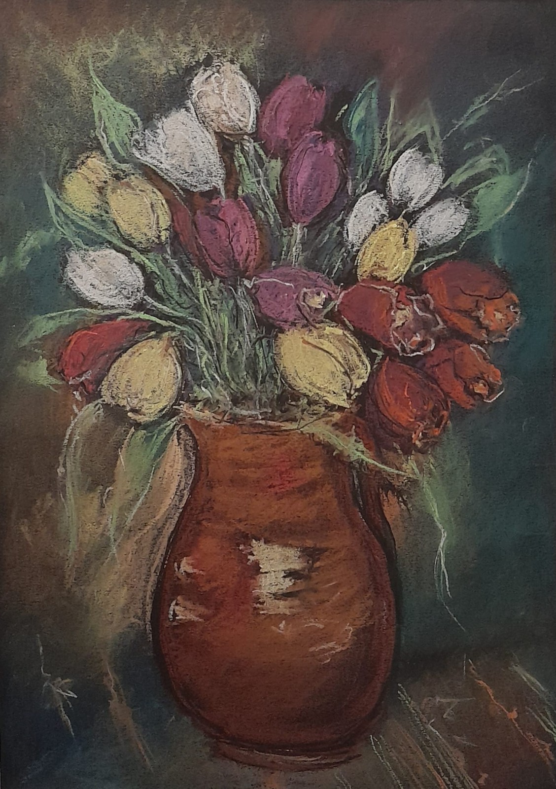 Red White Yellow Tulips Original Still Life Dry Pastel Painting 8.3×11.4 in