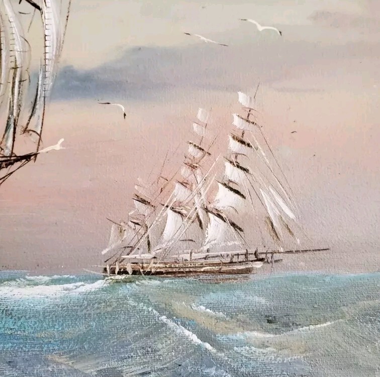 Vintage Signed Baille Seascape Oil Painting Tall Ship Nautical Framed