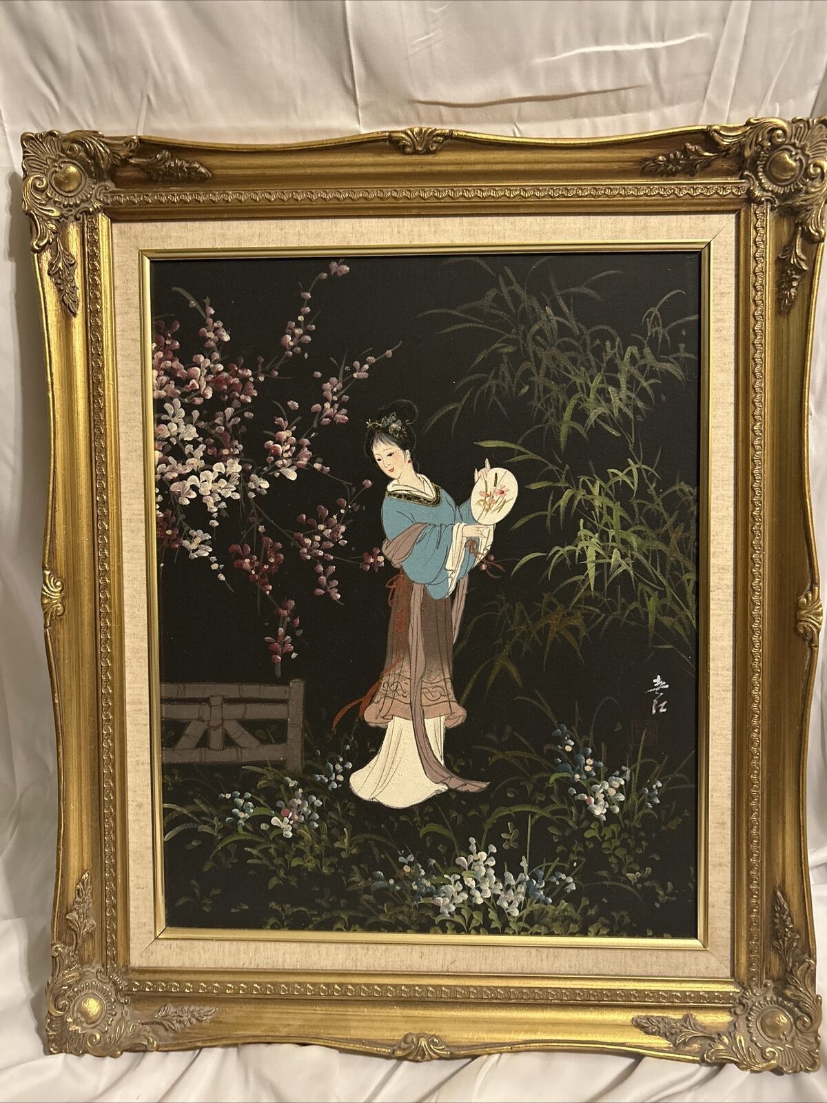 Gold Framed Geisha Woman Oil Painting on Canvas Blue/ Brown on Black 26×22