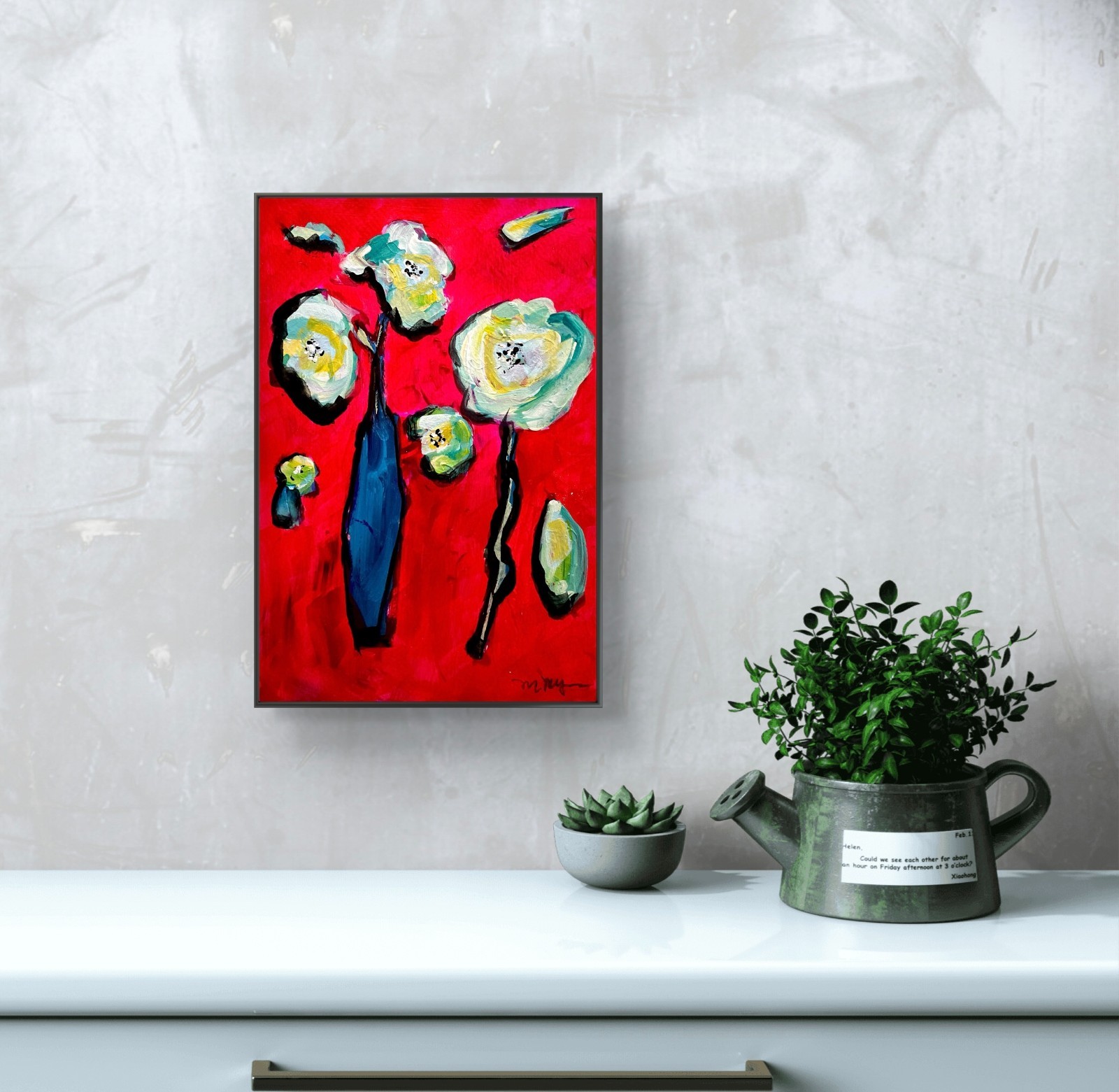 Mary Myers Original Abstract Expressionist Floral Red Acrylic Wood Panel