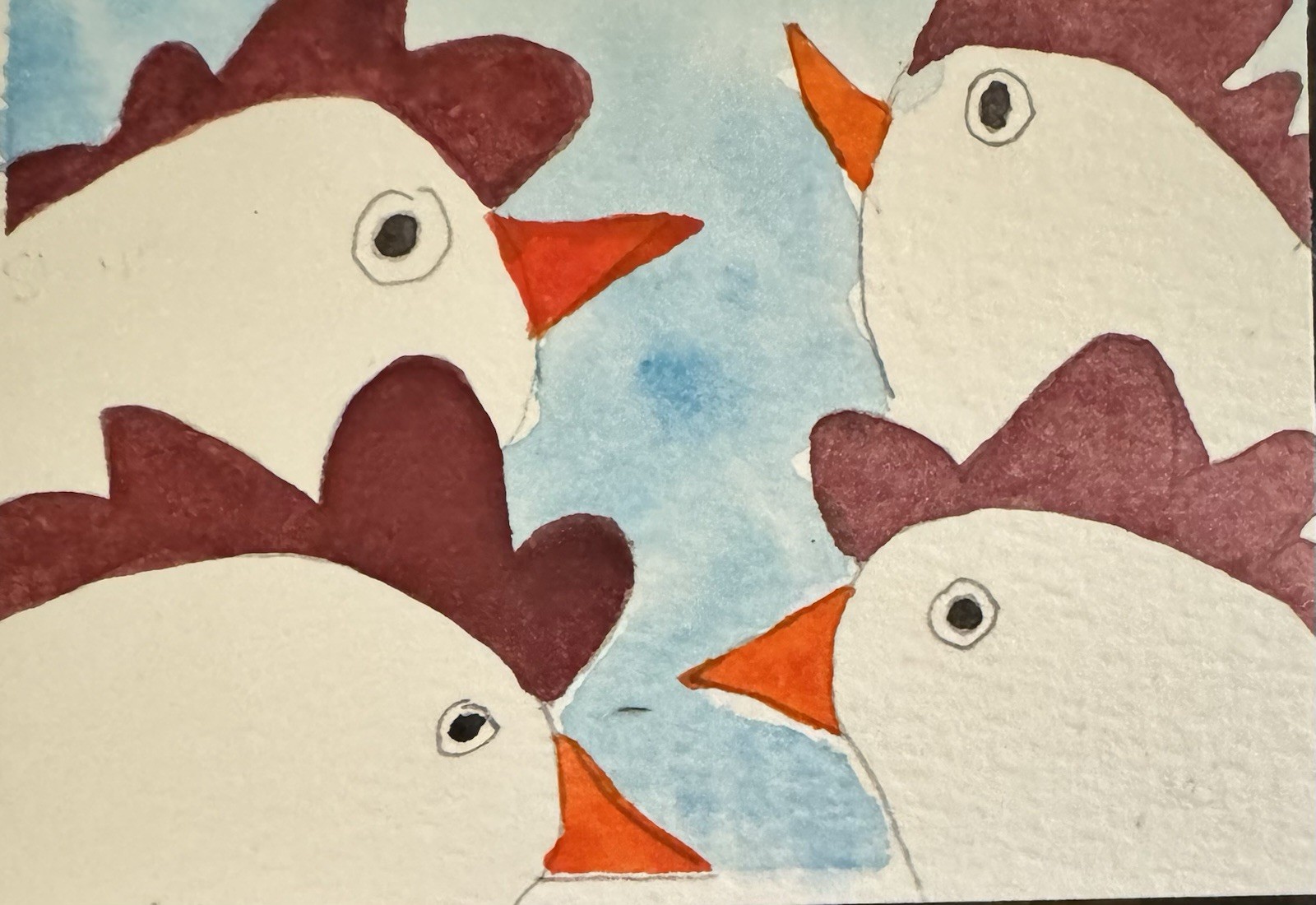 “Chick-A-Doo-Dah” ACEO Watercolor By DBossert Feature Four Rug-hook Style Chicks