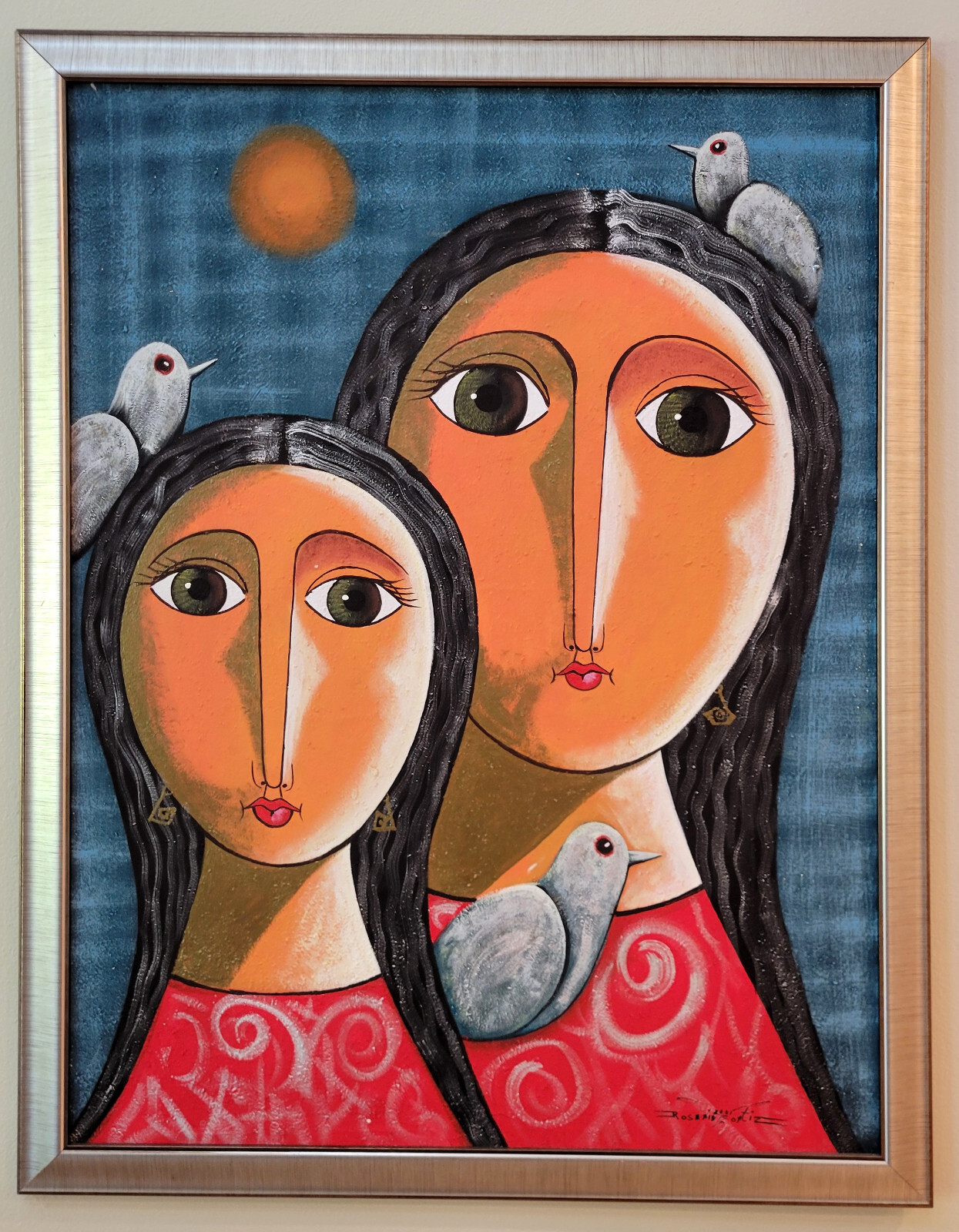 Rosario Ortiz de Chamorro «Girls with Birds» Impasto Oil Painting Nicaraguan