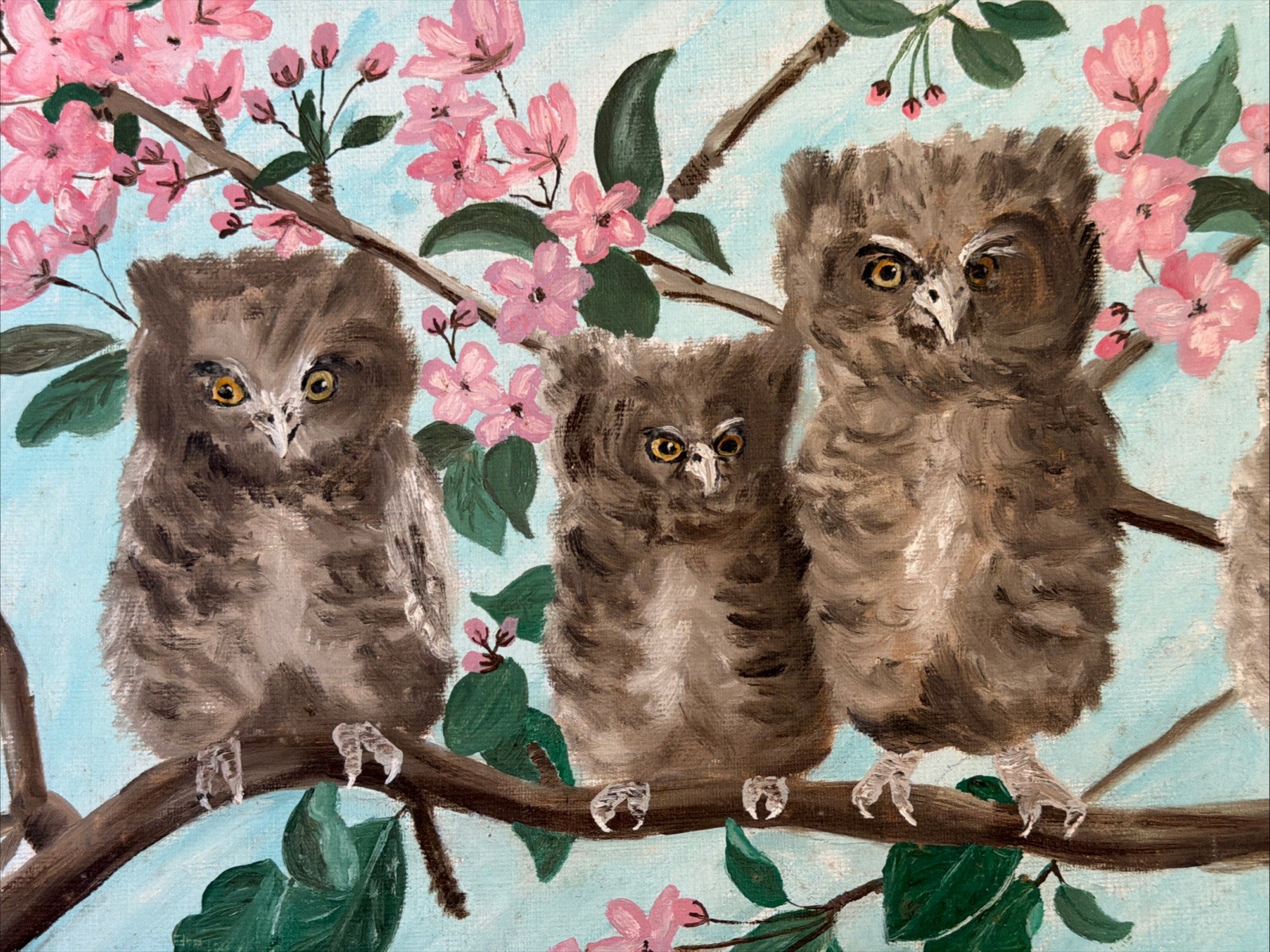 Vintage Judy Boyd Signed Owl Owlets Cherry Tree Oil Painting On Canvas Board