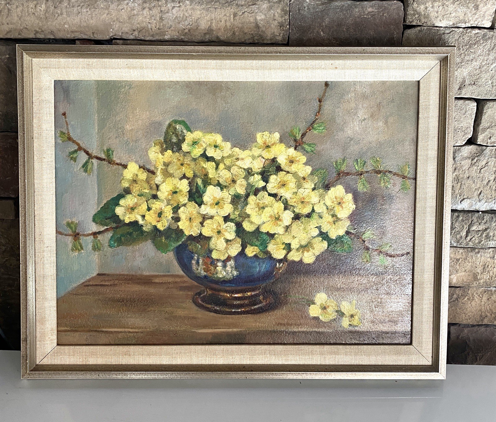 Vintage Yellow Floral In Vase Oil Painting Holland 18” X 14” Framed (Bin20)