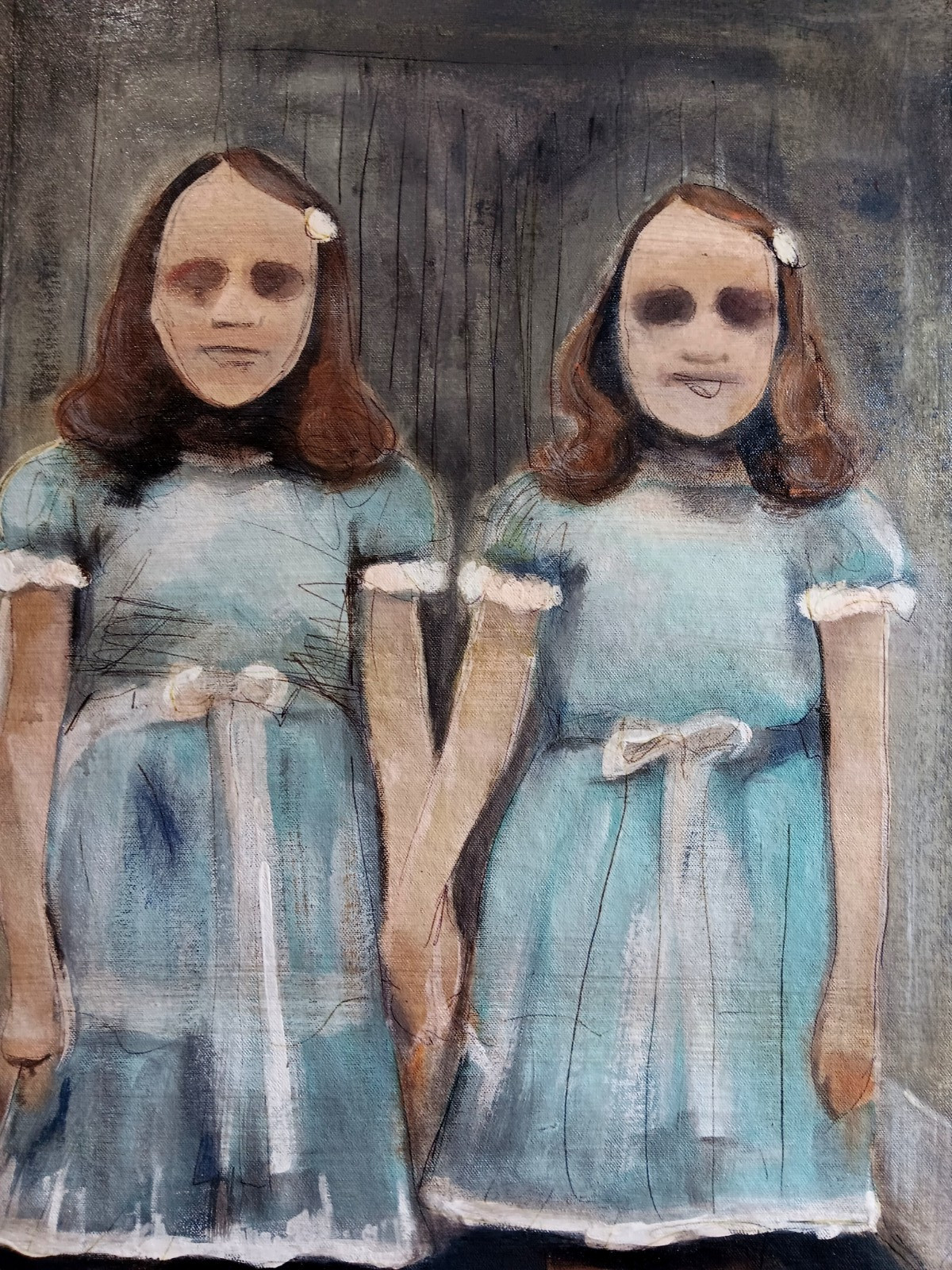 SHINING TWINS ORIGINAL OIL PAINTING COTTON CANVAS SIGNED KUBRICK HALLOWEEN GHOST