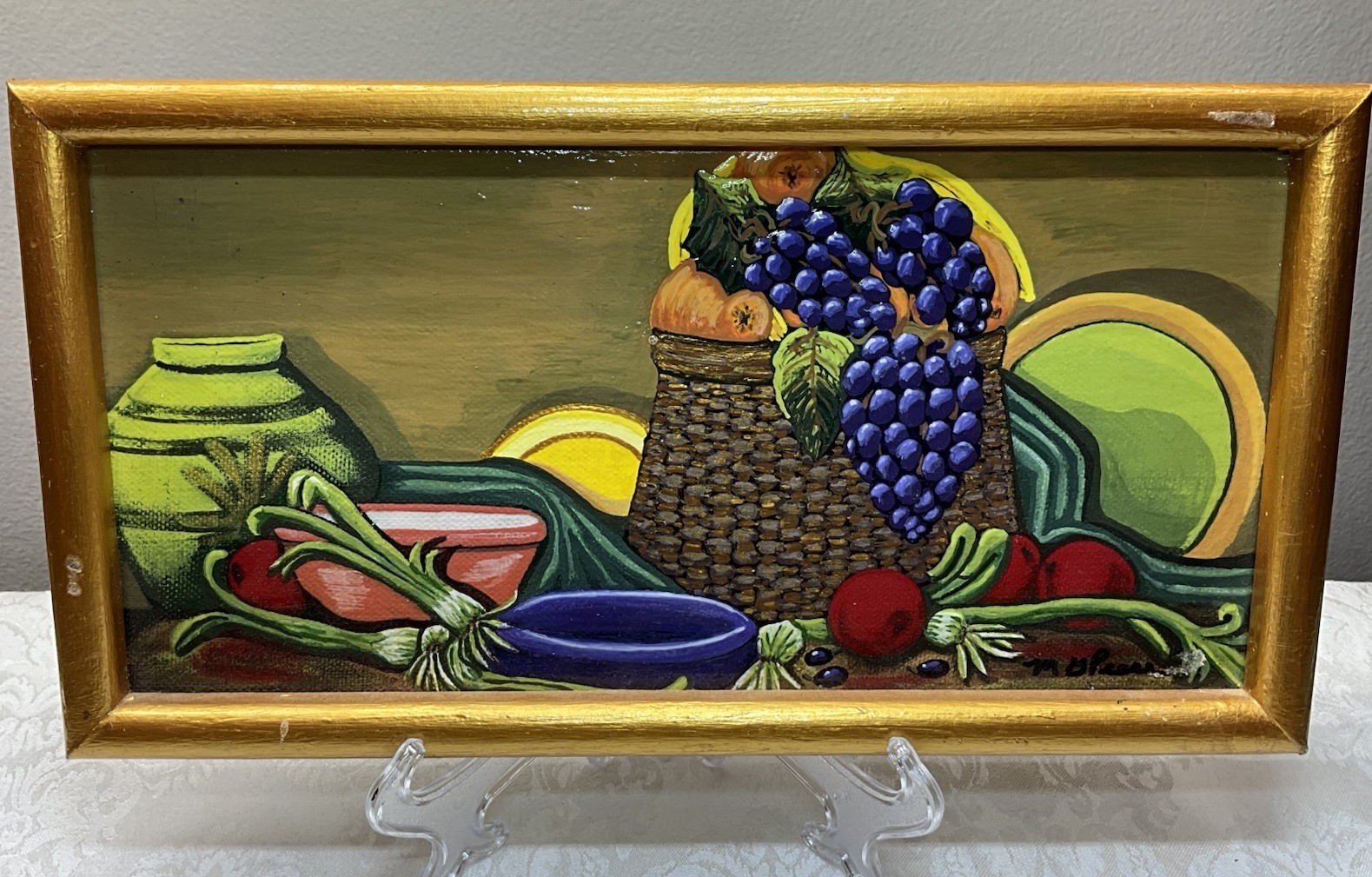 Signed MG Peace Haitian Folk Art FRUIT Acrylic on Board Painting 13” In Frame
