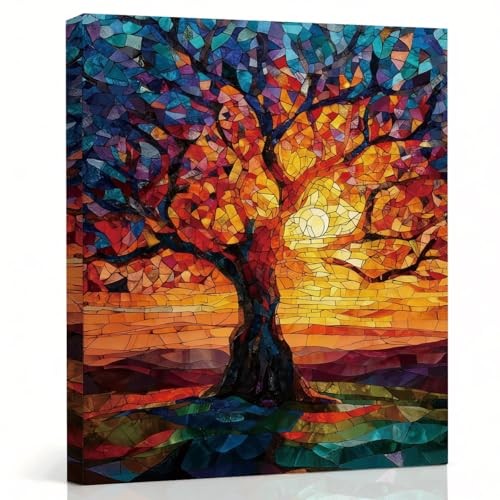RTVJTERQ Neutral Canvas Art 8×10, Mosaic Tree of Life Abstract Oil Landscape 17