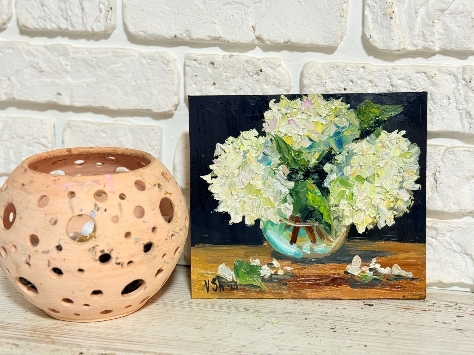 Hydrangea Floral Original Oil Painting Art Impasto Flower Still Life 7.5×8 in