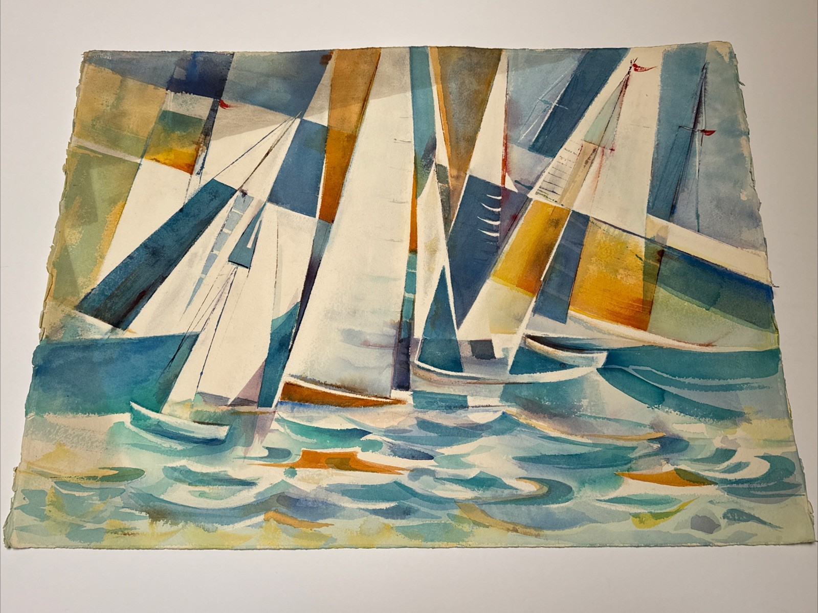 COASTAL EXPRESSIONIST PAINTING SAIL BOATS REGATTA MAURICE SILBER FAMOUS LARGE