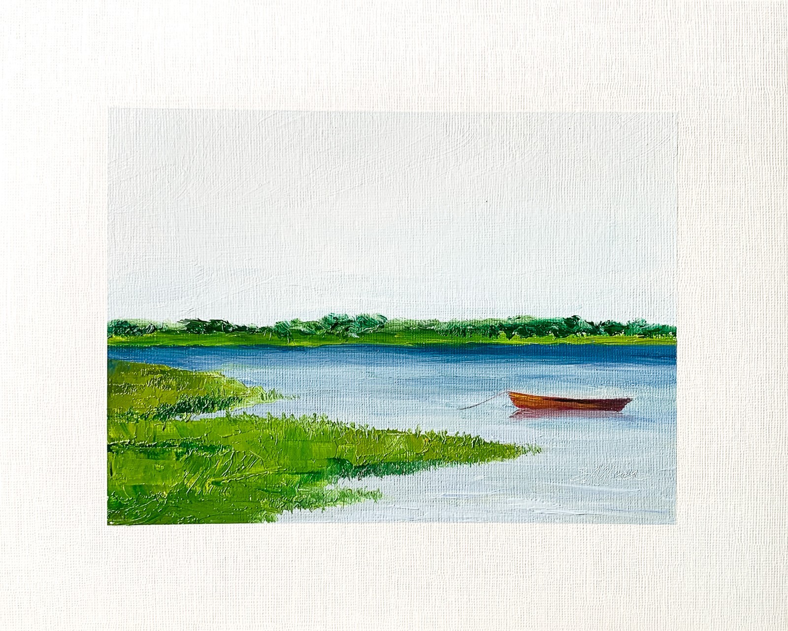 8×10 Maine Original Oil Painting Rowboat Calm Water Coastal Peaceful Art Signed