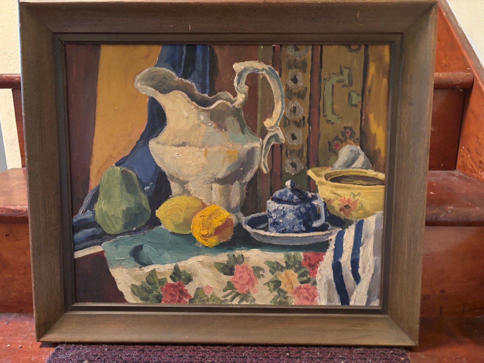 still life of fruit and crockery oil on masonite