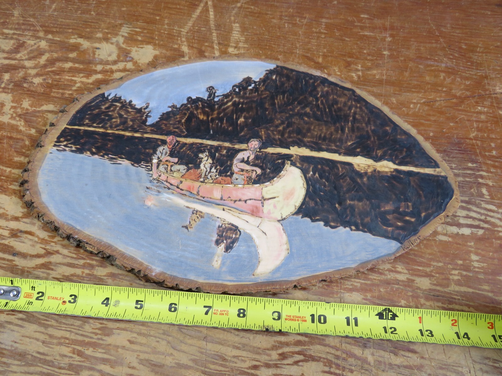 Vintage Wooden Art Canoeing w/ Bark Carving/Burning/Painting 14.5×9 Rollins