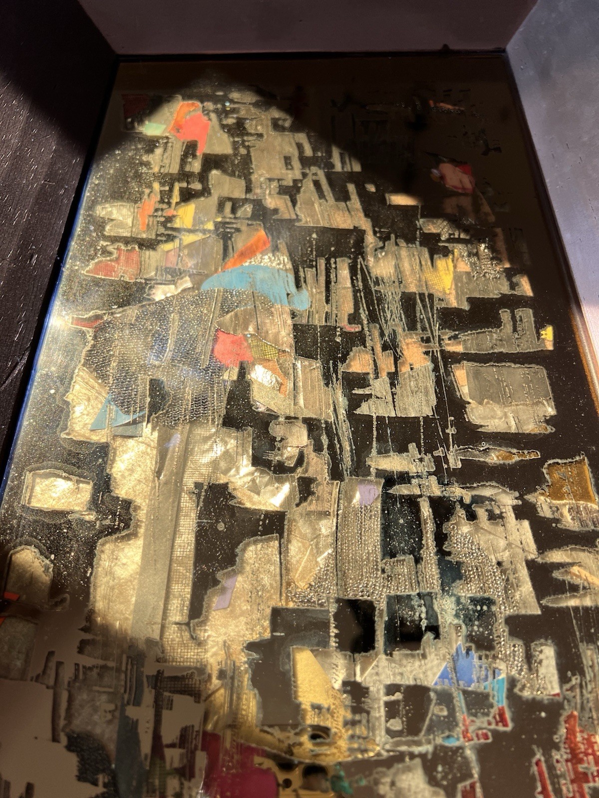 MCM Brutalist Reverse Glass Mirror Art Signed Mixed Media Wall Sculpture 25″