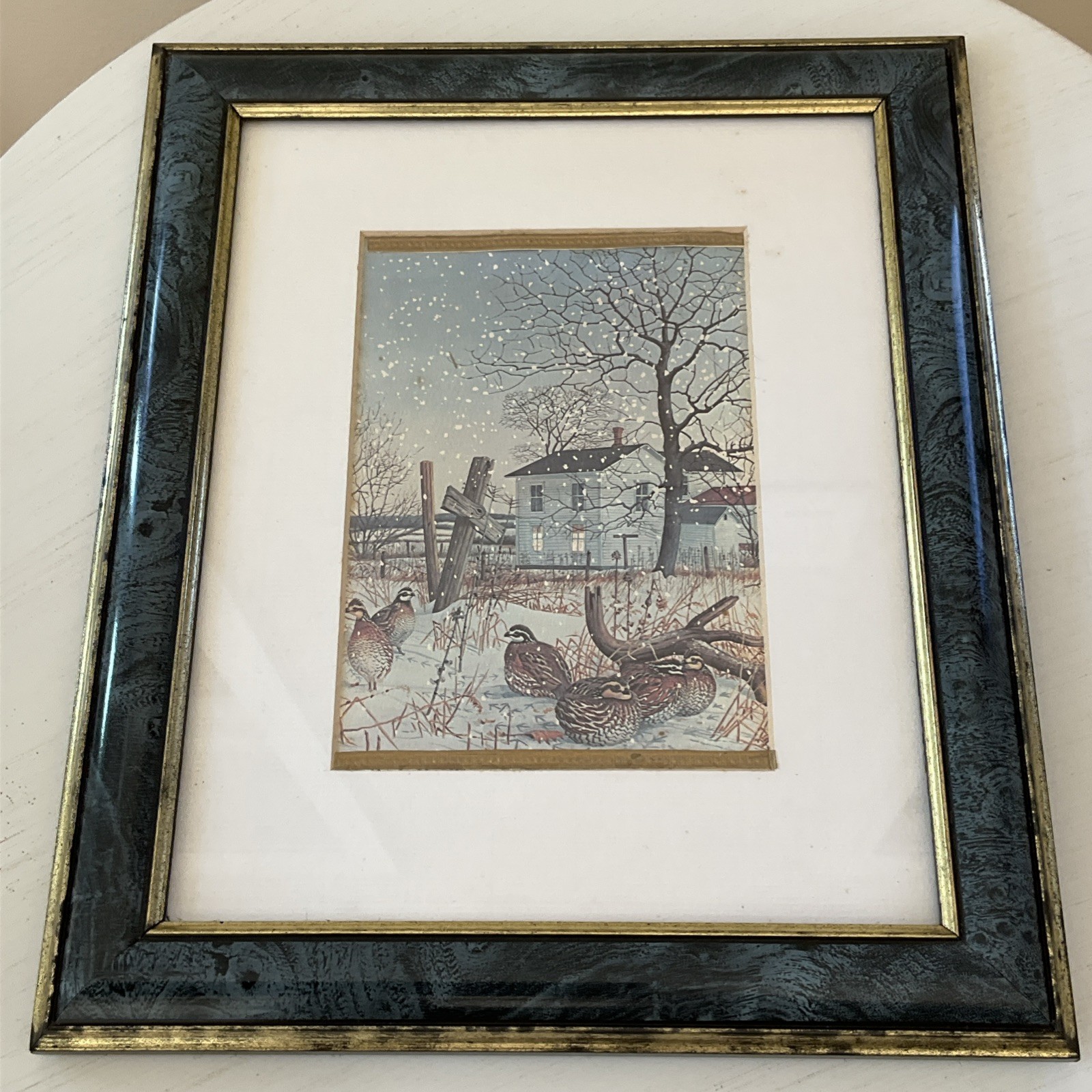 Vintage Framed Winter Farm Painting White Farmhouse Quails in Snow 9.5×11″