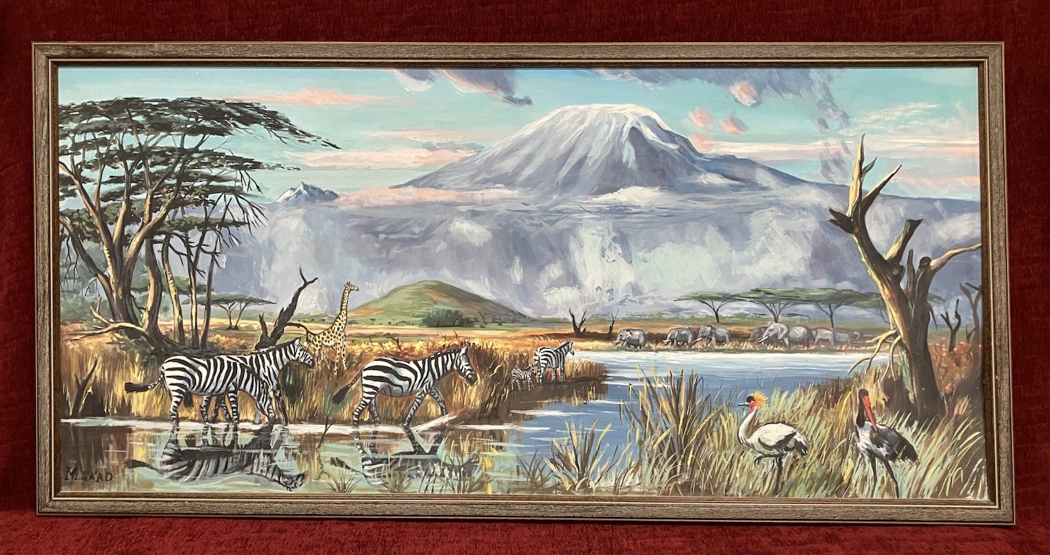 African Wildlife Painting Zebra Elephant Birds Colorful Large Framed