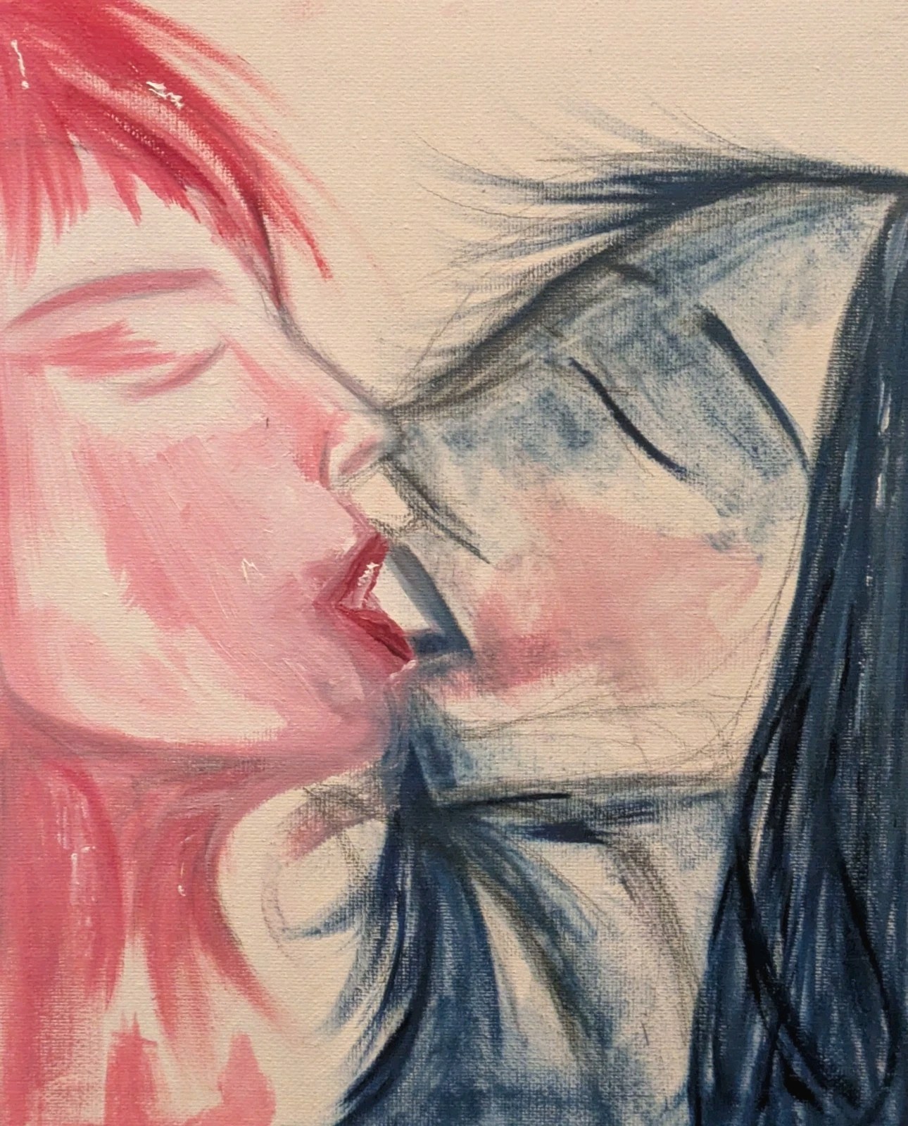 Original Gouache Canvas Painting, Red Blue Lesbian Handcrafted Art