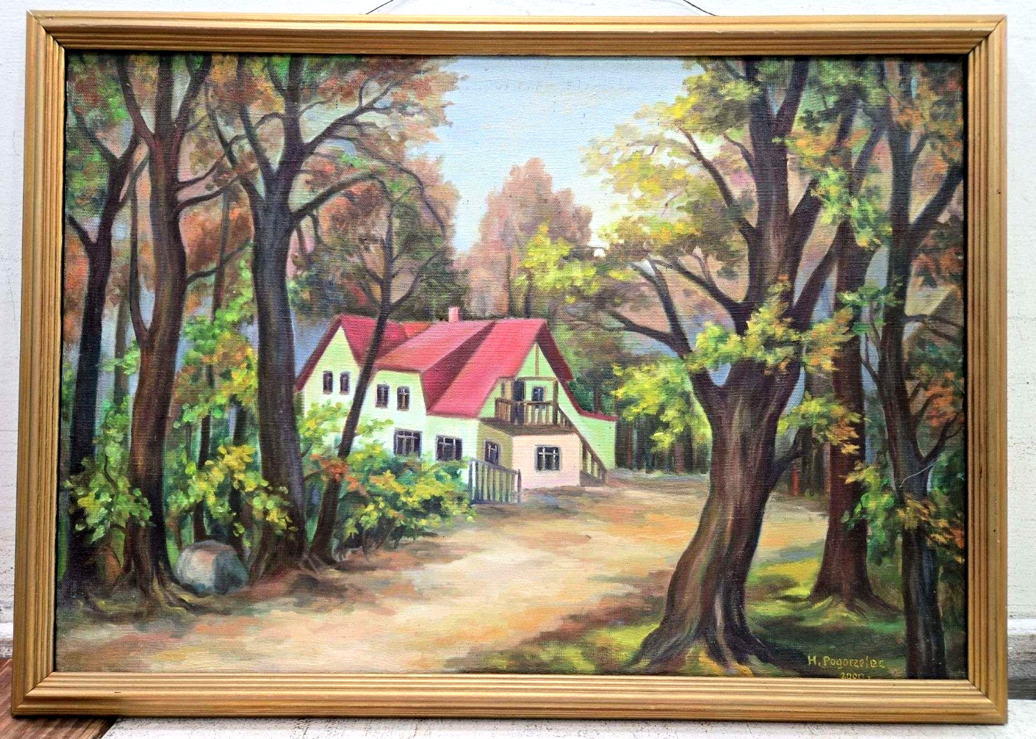 Signed H. Pogorzelec 2000 Original Oil Painting Woodland Cottage Homestead Frame