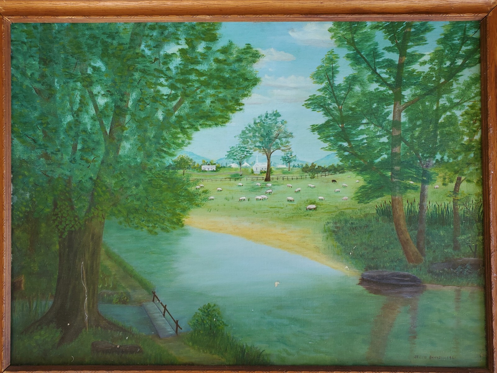VINTAGE 1960’s AMERICAN FOLK ART ORIGINAL PAINTING BUCOLIC SHEEP FARM LANDSCAPE
