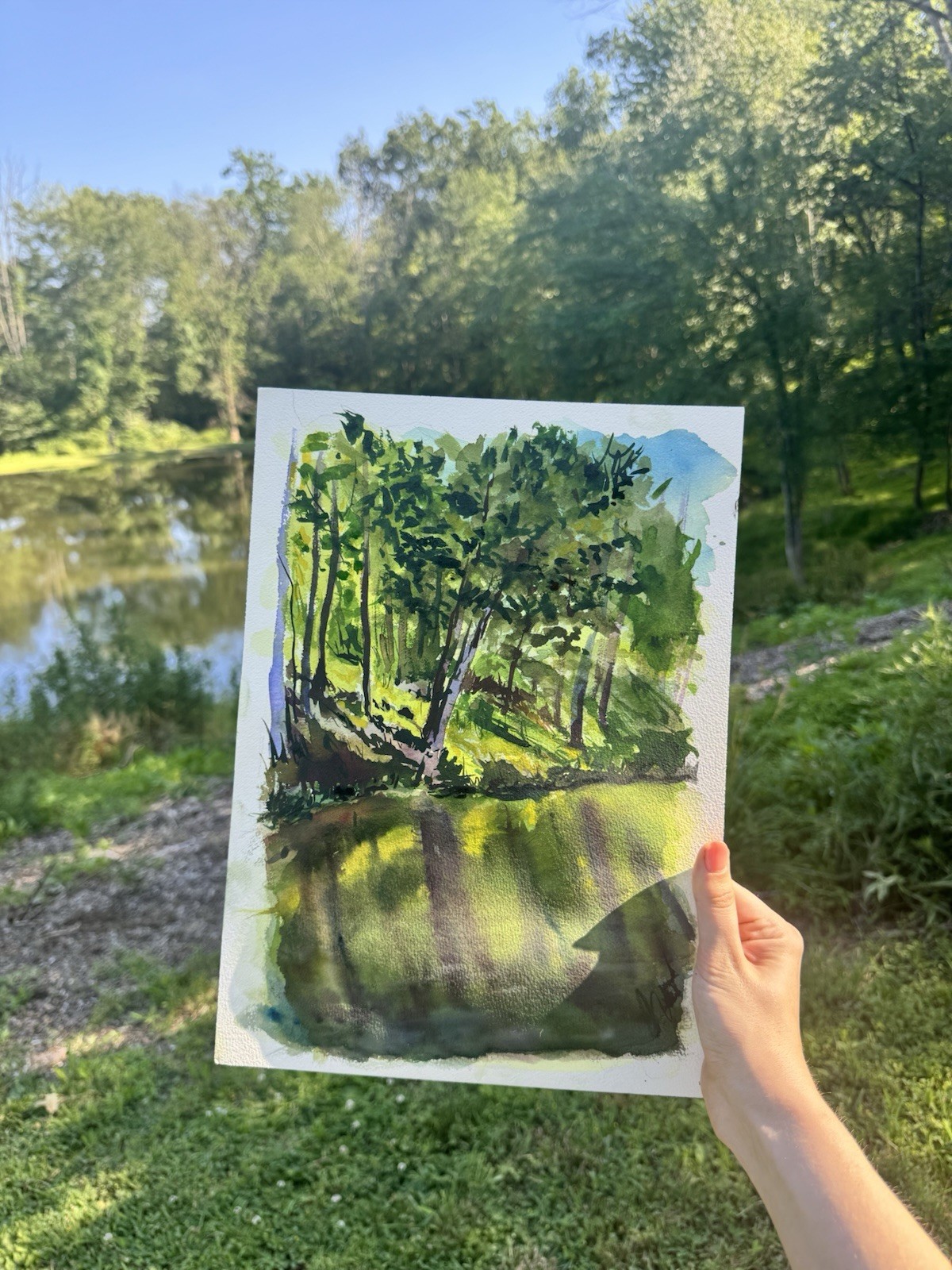 Watercolor Painting 11×14 Original Pond And Trees Landscape Nature Dusk And Sun