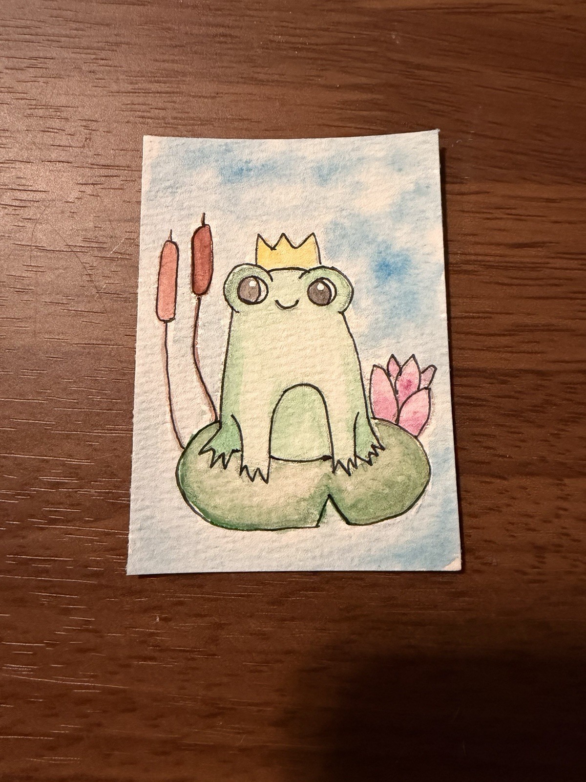 Aceo Art Card, Original Watercolor, Painting Of A Royal Frog On A Lily Pad
