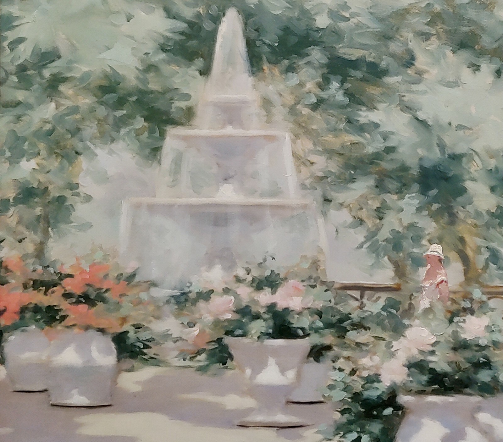 Andre Gisson -Young Woman near the Fountain at the Park-Oil painting