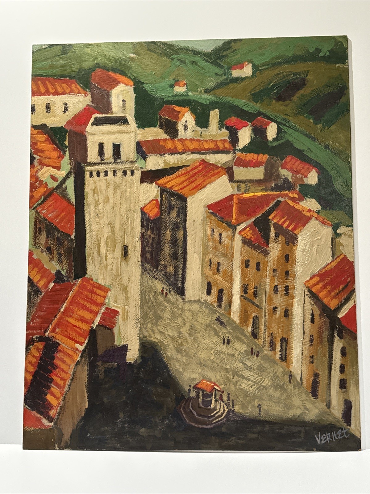 Mid Century Painting Spanish Village View By Vernet Modernist Impressionist Oil