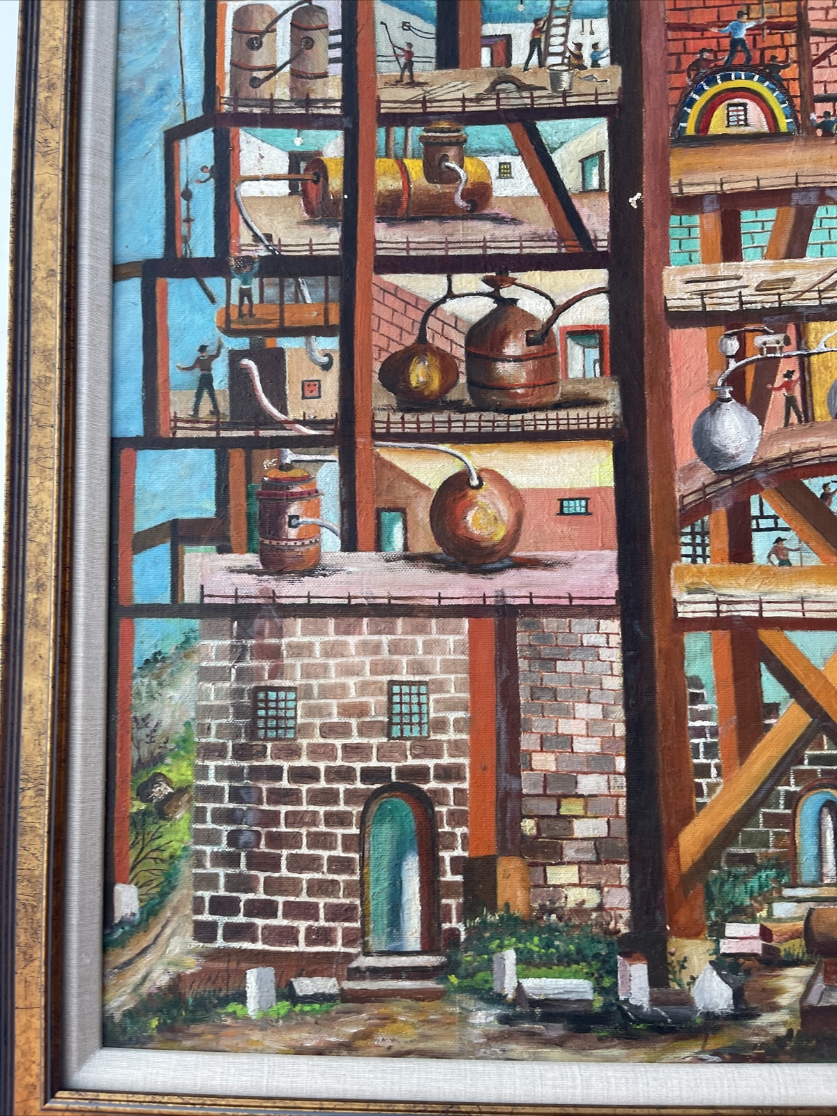 Vintage Industrial Painting Construction Workers Factory Urban Modernism Listed