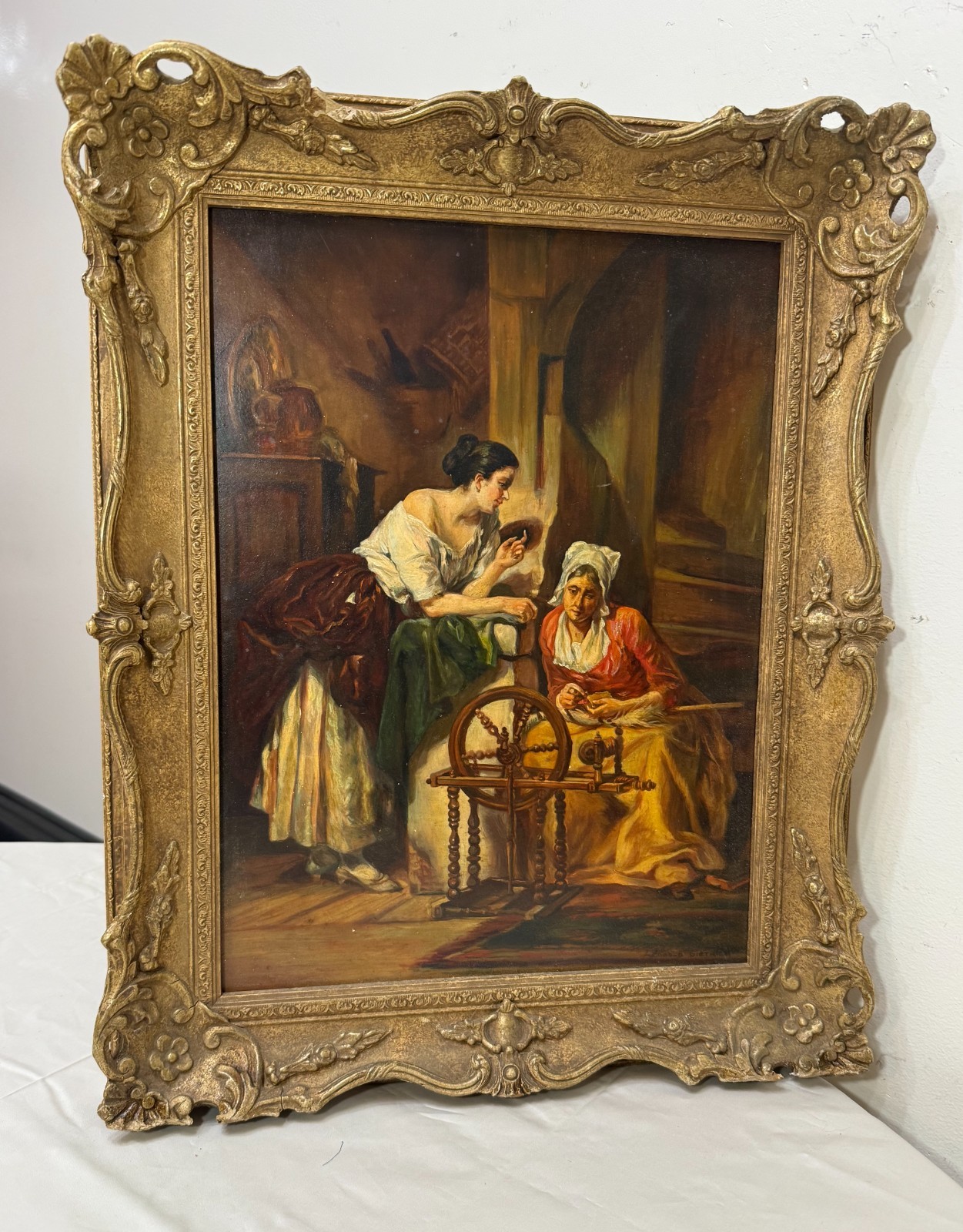 Vintage original realism lady woman yarn sewing figural oil painting on wood