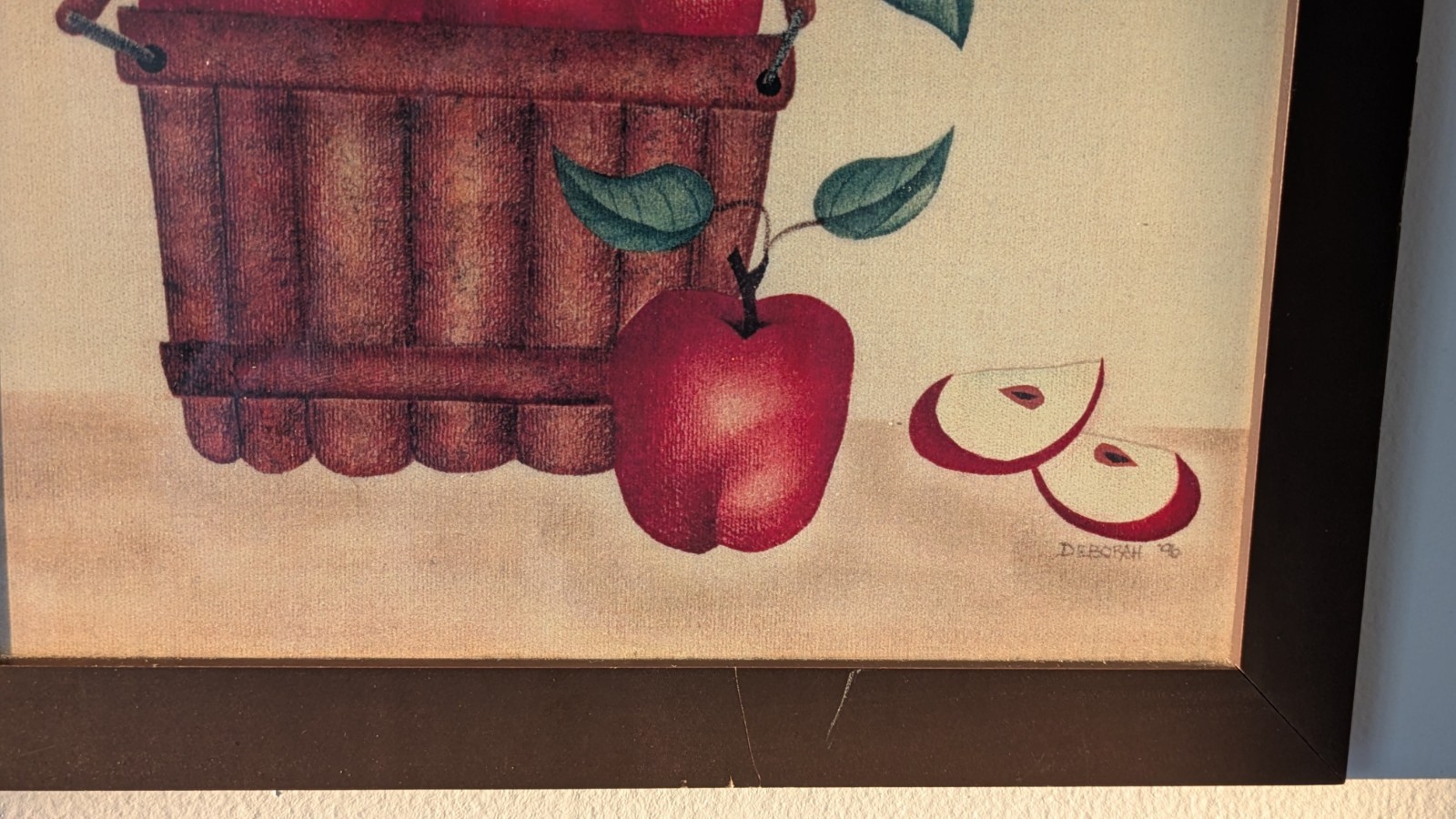 Vtg Theorem Painting Signed DEBORAH 96′ Apples In Basket Framed 9.5″x11.5″ VGC