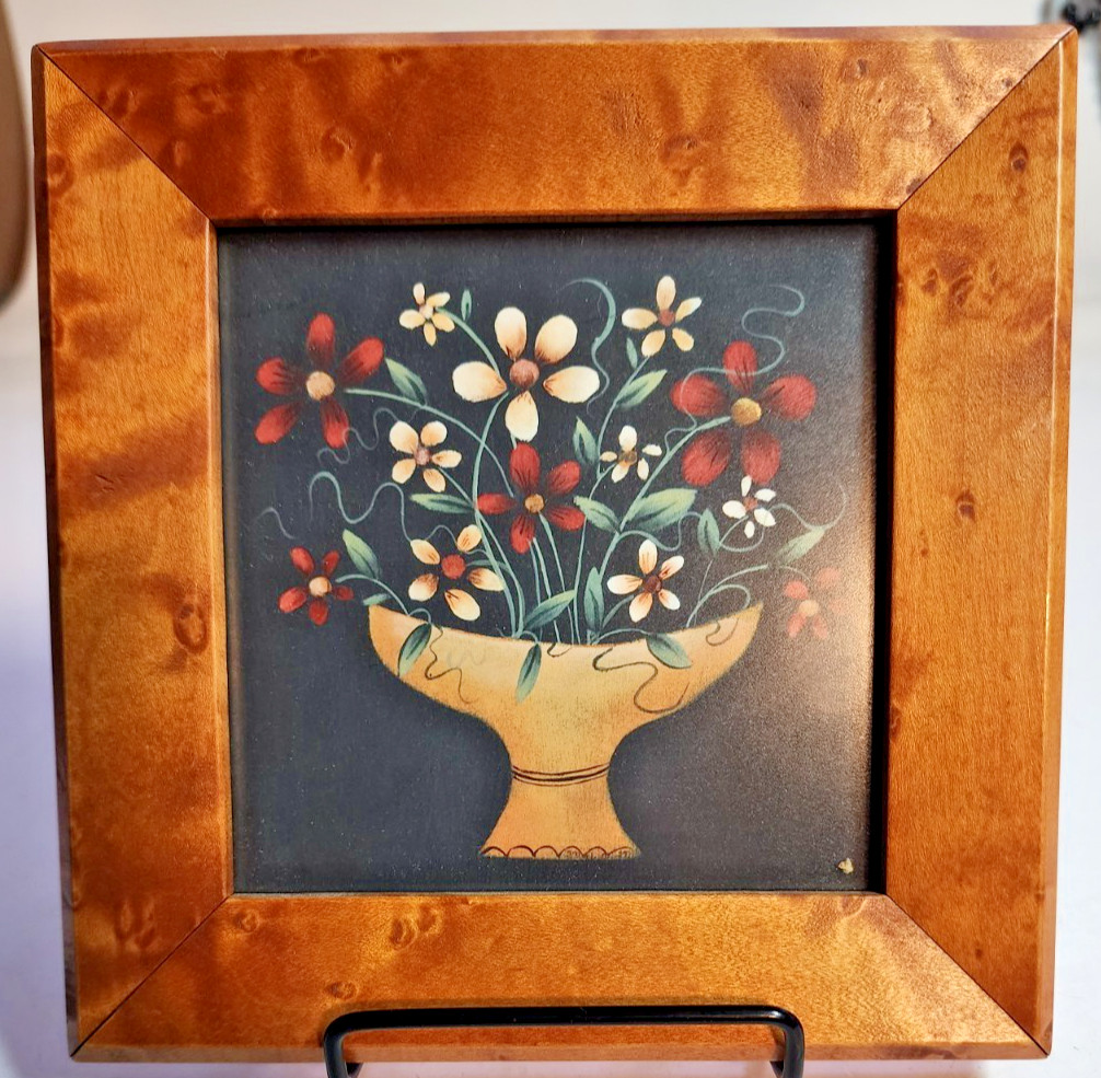 Still life Folk Art Painting of Flowers in vase Signed by Artist & Framed 6″x 6″
