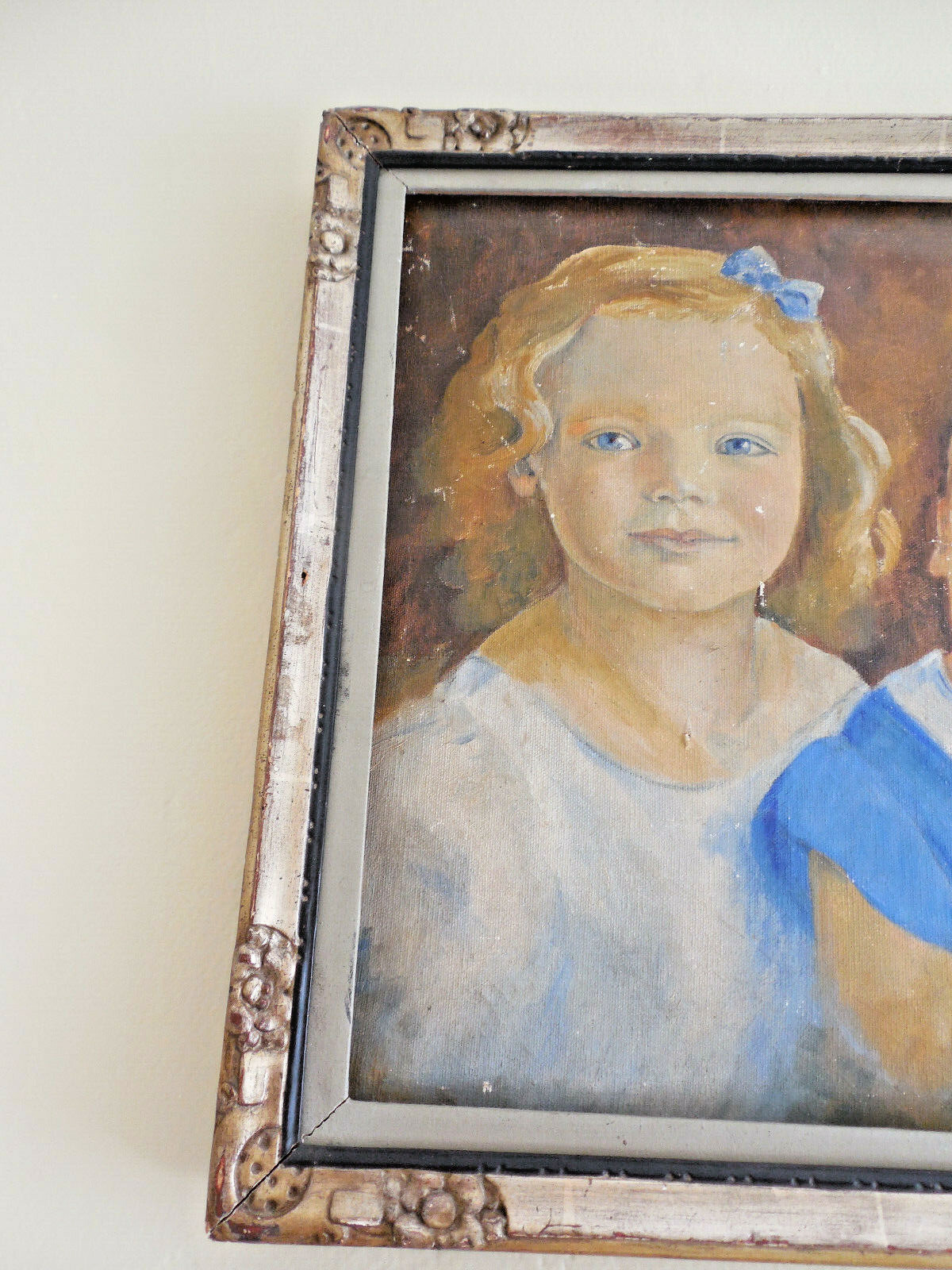 Vintage Child Portrait Blond Blue Eyed Girl Boy Original Antique Framed Painting