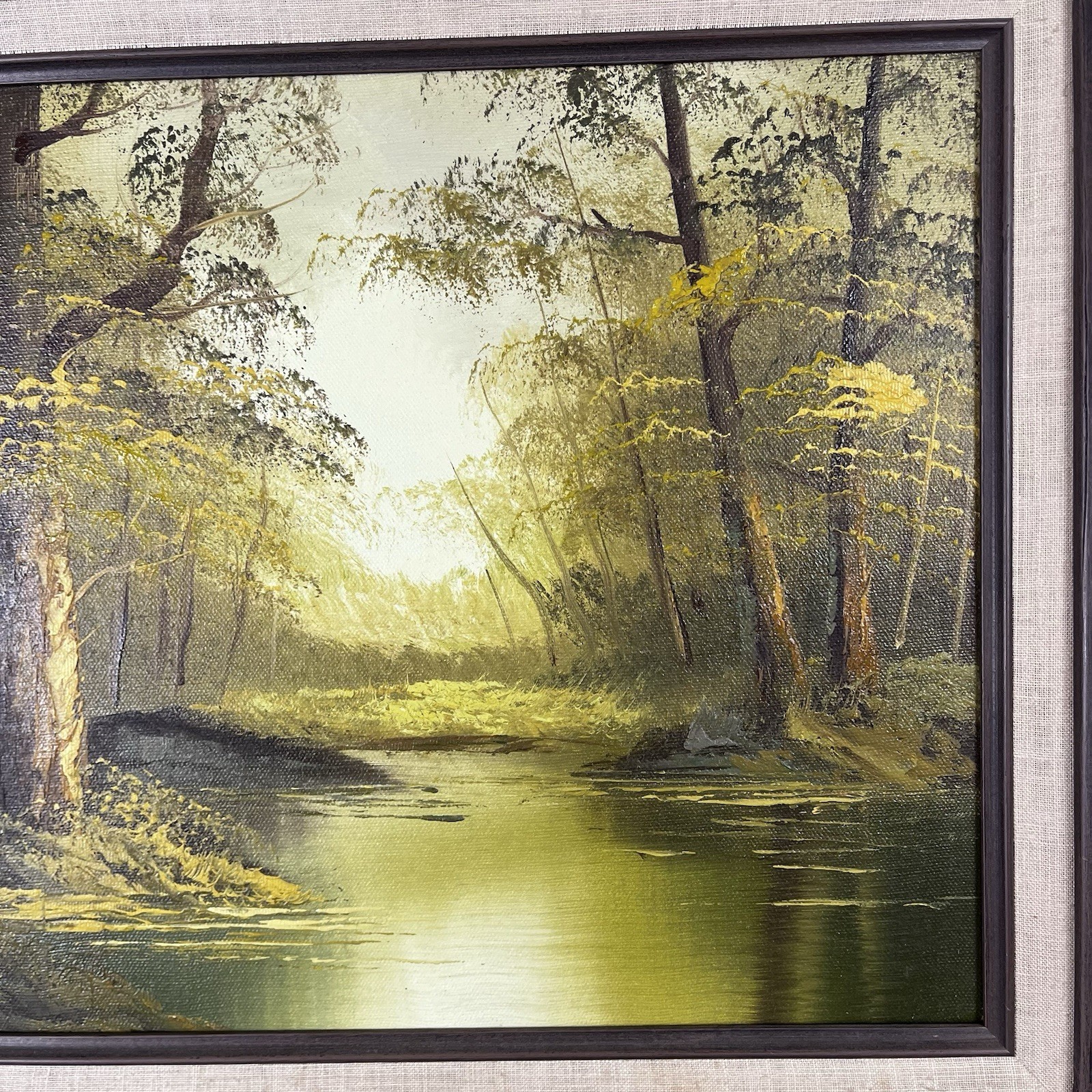 Phillip Cantrell SIGNED Landscape Trees Stream OIL Painting Framed 18×22 Vintage