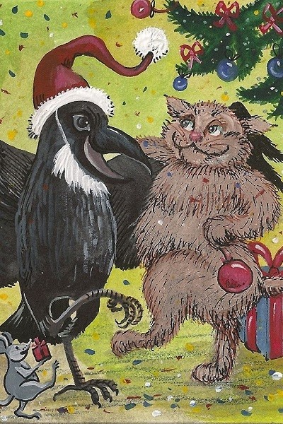 4×6 CROW RYTA PRINT OF PAINTING XMAS TABBY BRITISH CAT SANTA Folk Art Tree Dance
