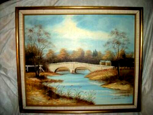 Hollywood Regency French Impressionist Oil Painting Landscape Chateau Bridge