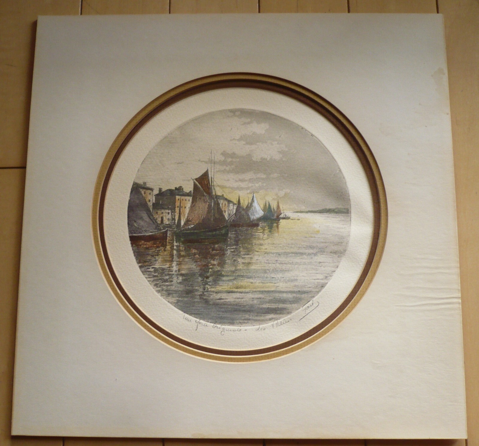 MYSTERY ETCHING in Color PENCIL SIGNED VINTAGE PRINT SHIPS , MODERN & LISTED ART