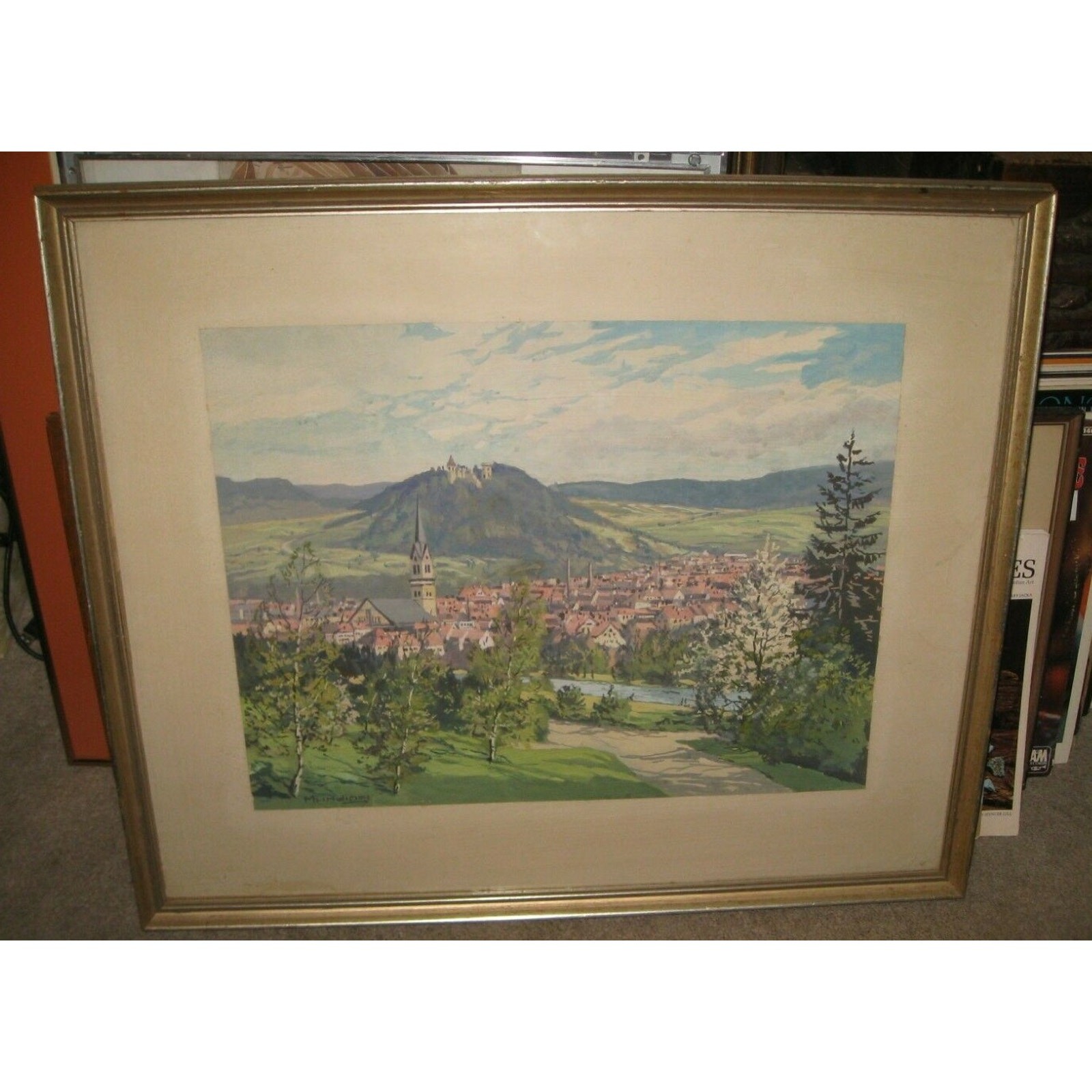 Signed Landscape Village with Red Roofs, Church & River With Castle on Mountain