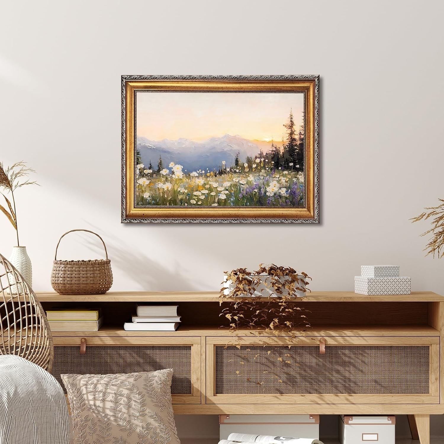 Vintage Wildflower Sunset Mountain Wall Art Retro Floral Landscape Oil Painti…