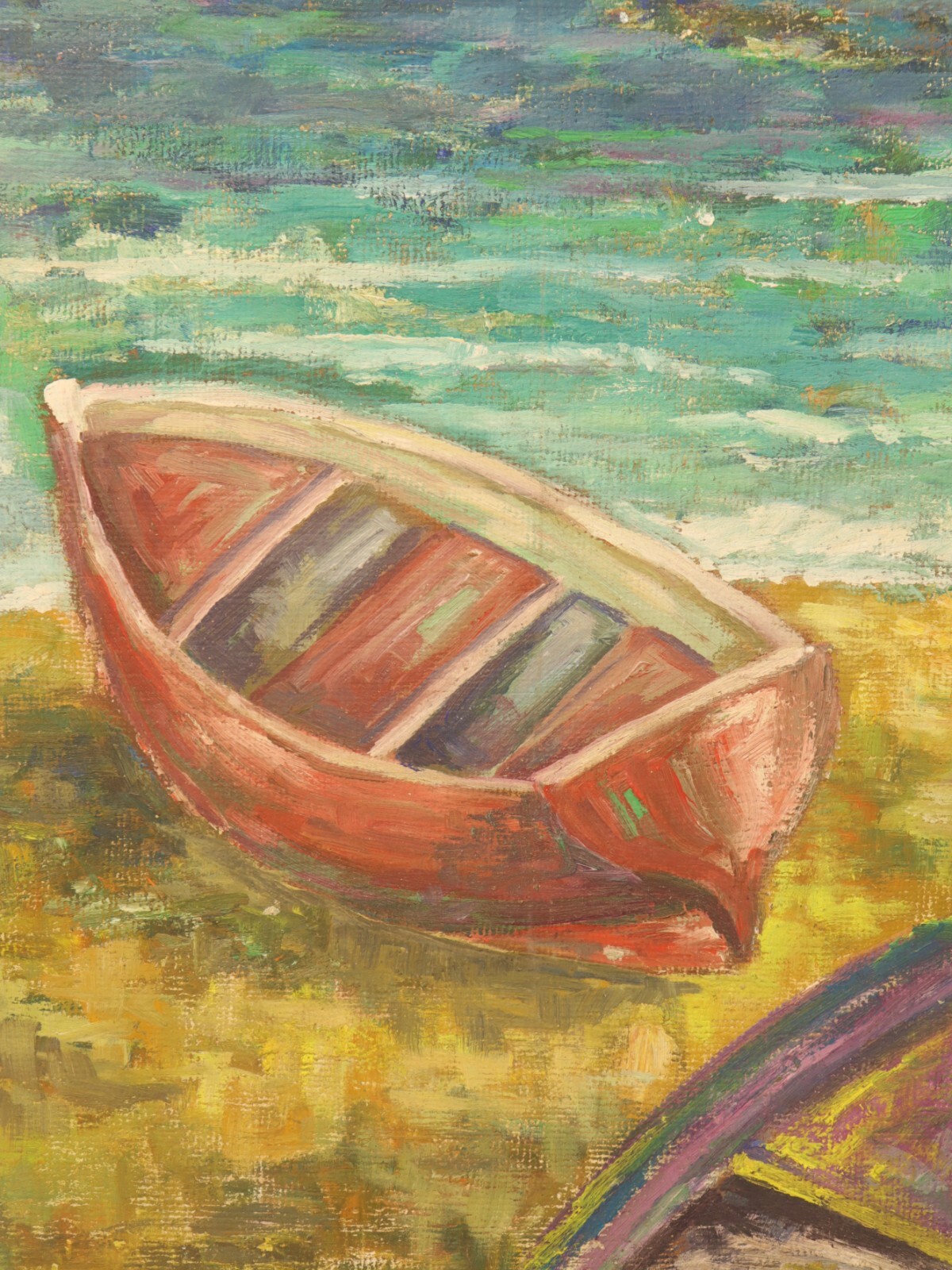 Seaside Tranquility Rare Oil Painting on Canvas Boats On Shore Coastal Landscape