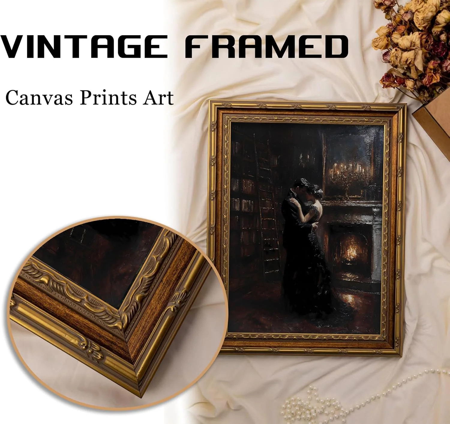 Vintage Gold Framed Gothic Wall Art, Victorian Romantic Couple Dancing Painting