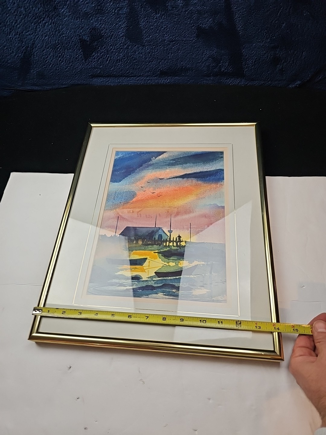 Vintage Watercolor Painting Sunset Ocean Fishing Boats Signed Art Framed 1972