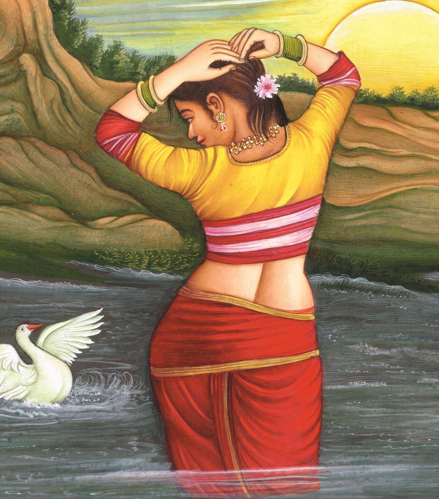 A Women With Bird In River | Indian Woman Painting On Paper 10.5×13.5 Inches