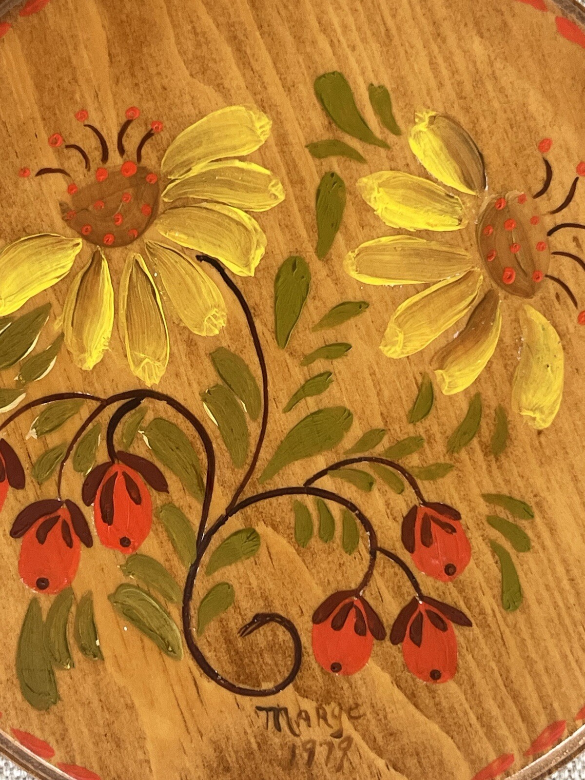 VTG Hand Painted and Signed Marge ’79 Trio of Wood Flowers Plaques Daisies, Rose